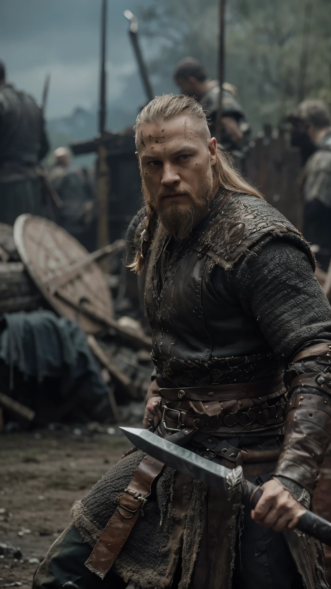 a close up of a Ragnar lothbrook, with a sword, in valhalla, tv show still, aggressive pose, war in background, his clothes are torn and dirty, muttonchops, inscribed runes, tpose, netflix animation, a pilgrim, growling, massacre, fighter