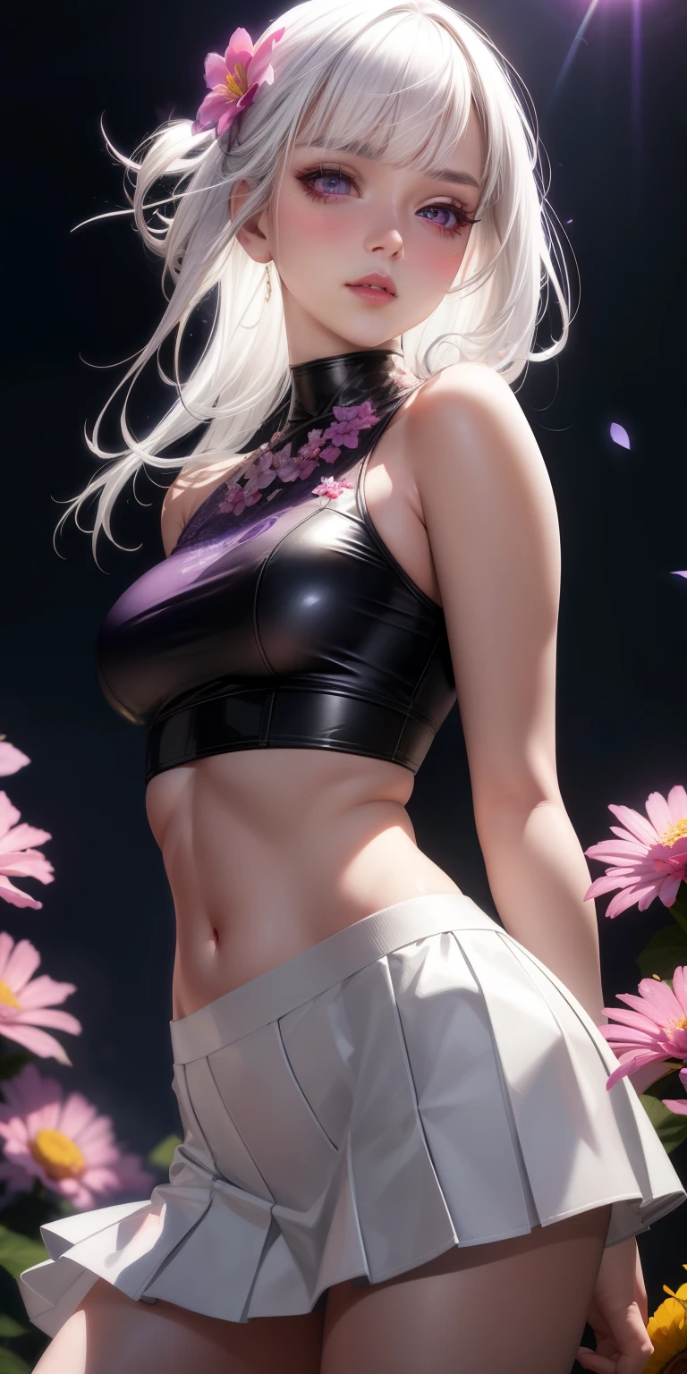 realistic, 1girl, white hair, purple eyes, glowing eyes, crop top, skirt, parted lips, blush, night, flowers, sun, sunlight, exaggerated beauties,