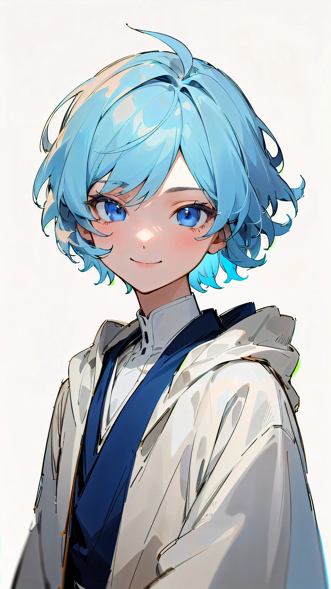 1 girl、straight、Upper body、solo、Short hair like a boy、dark blue hair、Light blue hair band:1.2、blue eyes、smile、robe blanche、line drawing、simple background、white background