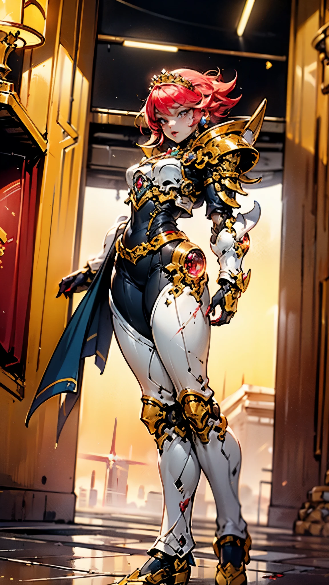 A woman adorned in fantasy-style full-body armor, a crown-concept fully enclosed helmet that unveils only her eyes, a composite layered chest plate, fully encompassing shoulder and hand guards, a lightweight waist armor, form-fitting shin guards, the overall design is heavy-duty yet flexible, ((the armor gleams with a golden glow, complemented by red and blue accents)), exhibiting a noble aura, she floats above a fantasy-surreal high-tech city, this character embodies a finely crafted fantasy-surreal style armored hero in anime style, exquisite and mature manga art style, (Queen bee mixed with Spider concept Armor, plasma, blood), ((Element, energy, elegant, goddess, femminine:1.5)), metallic, high definition, best quality, highres, ultra-detailed, ultra-fine painting, extremely delicate, professional, anatomically correct, symmetrical face, extremely detailed eyes and face, high quality eyes, creativity, RAW photo, UHD, 32k, Natural light, cinematic lighting, masterpiece-anatomy-perfect, masterpiece:1.5