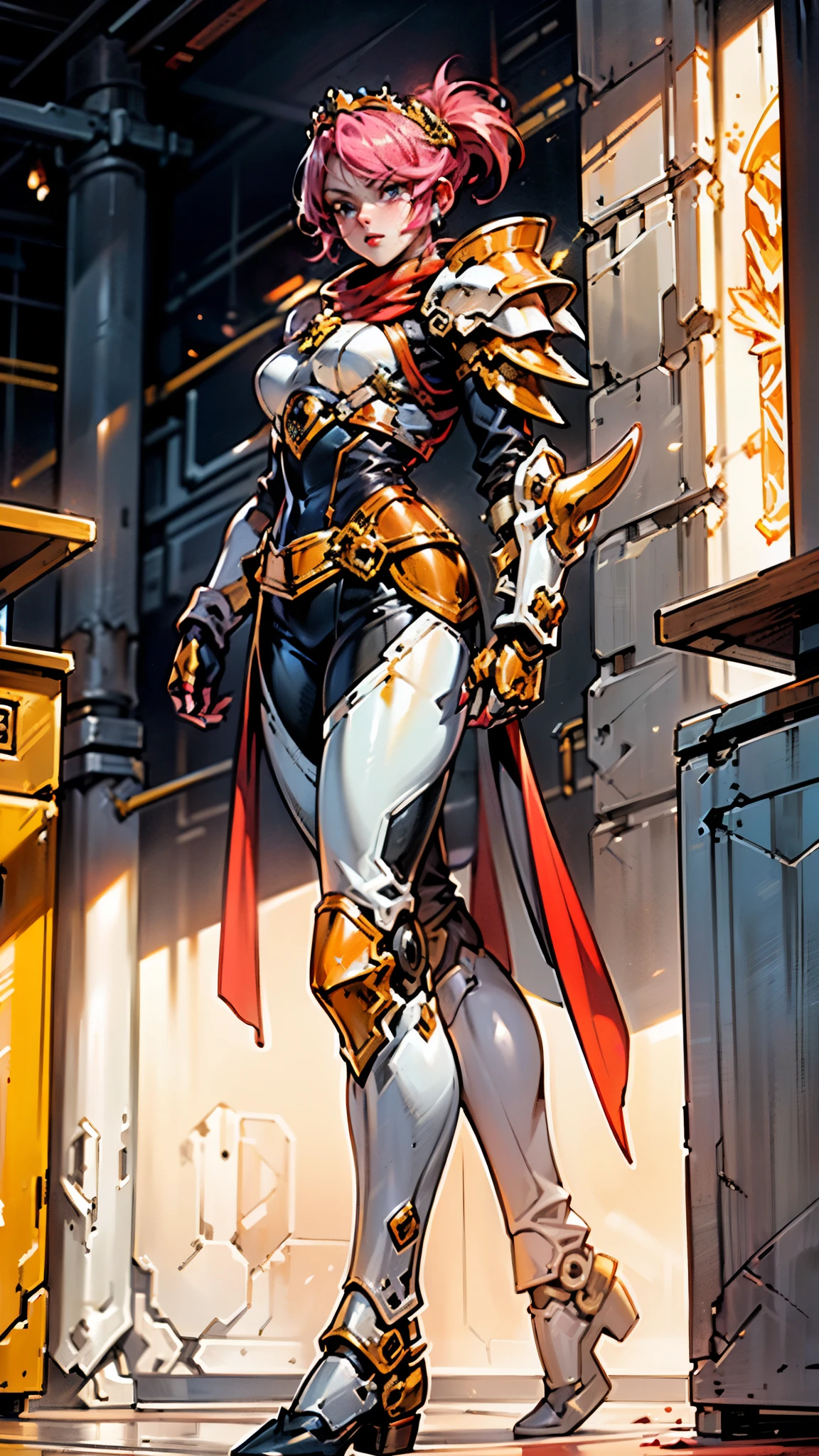 A woman adorned in fantasy-style full-body armor, a crown-concept fully enclosed helmet that unveils only her eyes, a composite layered chest plate, fully encompassing shoulder and hand guards, a lightweight waist armor, form-fitting shin guards, the overall design is heavy-duty yet flexible, ((the armor gleams with a golden glow, complemented by red and blue accents)), exhibiting a noble aura, she floats above a fantasy-surreal high-tech city, this character embodies a finely crafted fantasy-surreal style armored hero in anime style, exquisite and mature manga art style, (Queen bee mixed with Spider concept Armor, plasma, blood), ((Element, energy, elegant, goddess, femminine:1.5)), metallic, high definition, best quality, highres, ultra-detailed, ultra-fine painting, extremely delicate, professional, anatomically correct, symmetrical face, extremely detailed eyes and face, high quality eyes, creativity, RAW photo, UHD, 32k, Natural light, cinematic lighting, masterpiece-anatomy-perfect, masterpiece:1.5