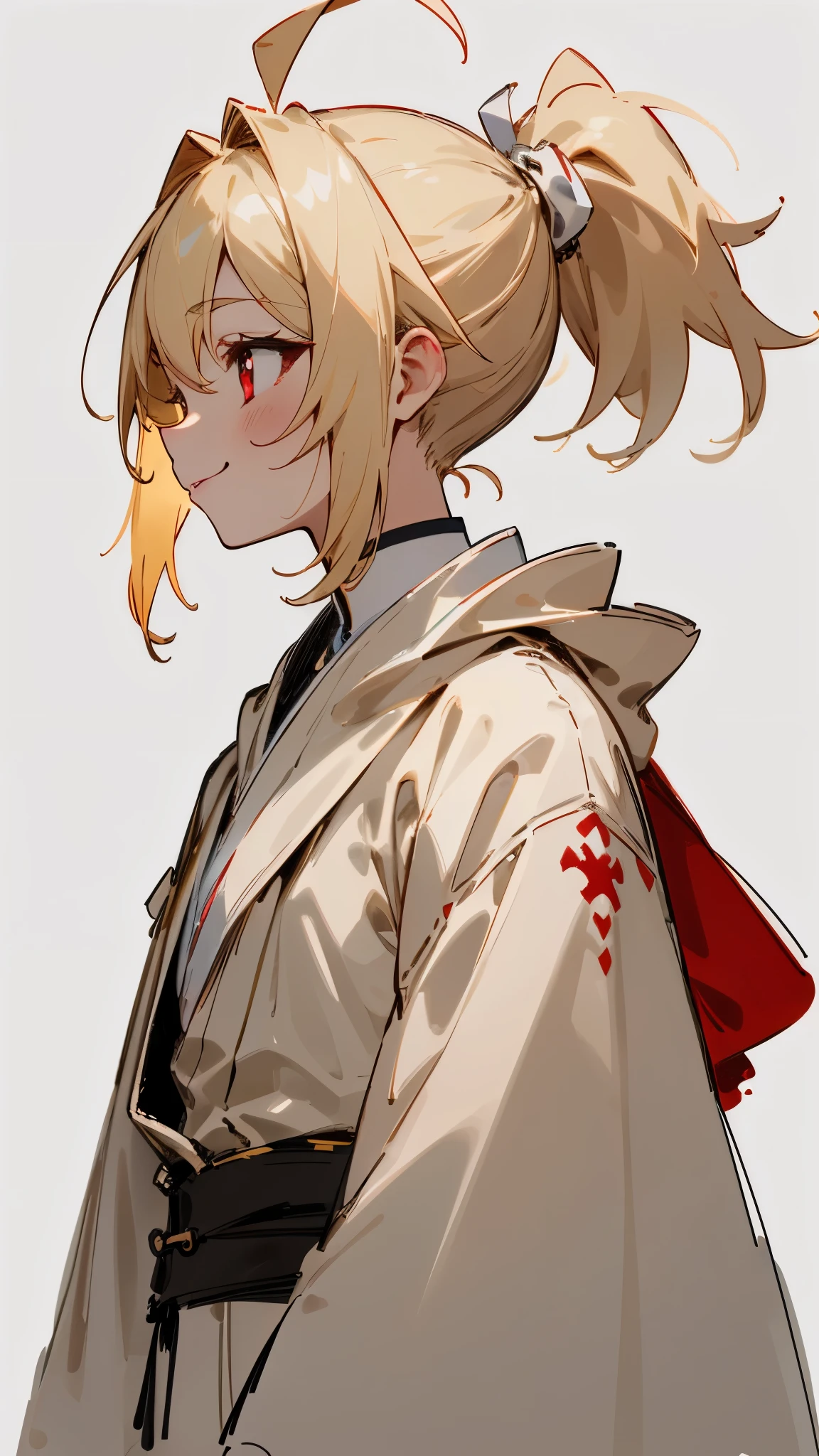 1 girl、straight、Upper body、solo、blonde、red eye、ponytail、Ahoge、gloves、profile、smile、robe blanche、line drawing、simple background、white background