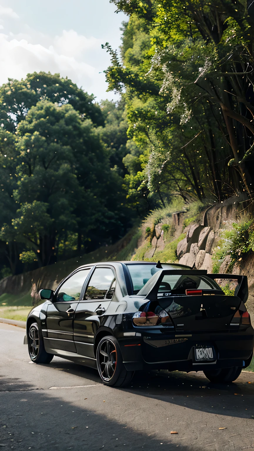 Mitsubishi Lancer Evolution Modified Sport car coming, beautiful road, daytime, sunlight, wet day, rainy, daytime, vivid colors, close view, detailed ground, with small rocks and leaves.