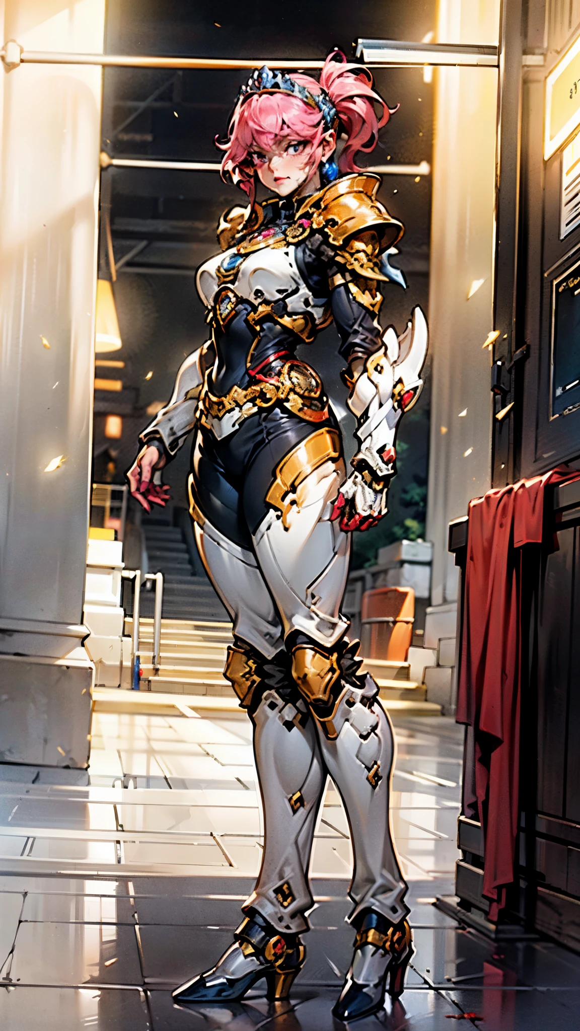 A woman adorned in fantasy-style full-body armor, a crown-concept fully enclosed helmet that unveils only her eyes, a composite layered chest plate, fully encompassing shoulder and hand guards, a lightweight waist armor, form-fitting shin guards, the overall design is heavy-duty yet flexible, ((the armor gleams with a golden glow, complemented by red and blue accents)), exhibiting a noble aura, she floats above a fantasy-surreal high-tech city, this character embodies a finely crafted fantasy-surreal style armored hero in anime style, exquisite and mature manga art style, (Queen bee mixed with Spider concept Armor, plasma, blood), ((Element, energy, elegant, goddess, femminine:1.5)), metallic, high definition, best quality, highres, ultra-detailed, ultra-fine painting, extremely delicate, professional, anatomically correct, symmetrical face, extremely detailed eyes and face, high quality eyes, creativity, RAW photo, UHD, 32k, Natural light, cinematic lighting, masterpiece-anatomy-perfect, masterpiece:1.5