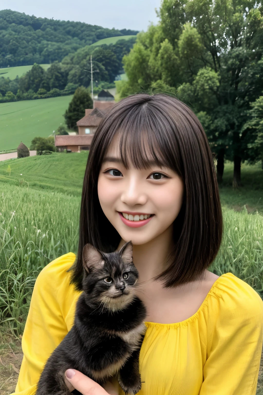 masterpiece、4k、highest quality、beautiful japanese woman、(holding a cute black kitten)detailed description、1 girl、23 years old、(yellow camisole:1.1)、bob cut、summer、rural area、Depth of written boundary、Angle from above、smile、Biei town hill landscape background、holding a cute black kitten。