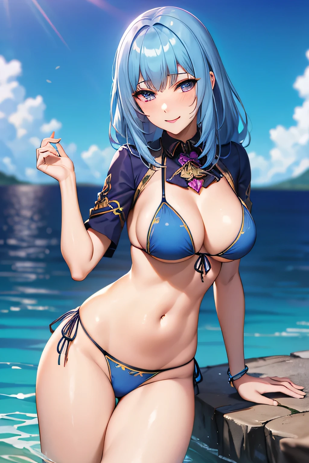 (highest quality:1.2), unreal engine,(blue bikini swimsuit:1.5),masterpiece,super resolution, very detailed, 1 female,big breasts, waist, thin, (muscular:0.8) ,blue long hair,purple eyes ,(smile,blush:1.3),in the sea