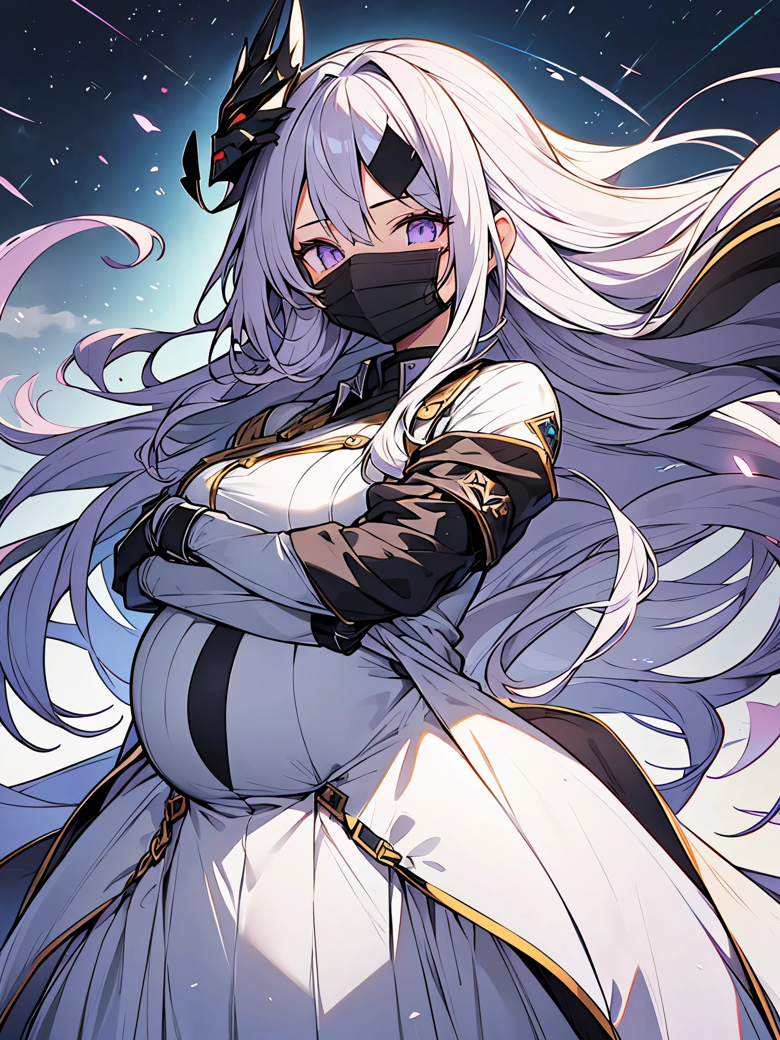 Super detailed illustration、super cute face、light purple long hair、beautiful girl、Pregnant、special attack uniform、black mask、Hands in your pockets