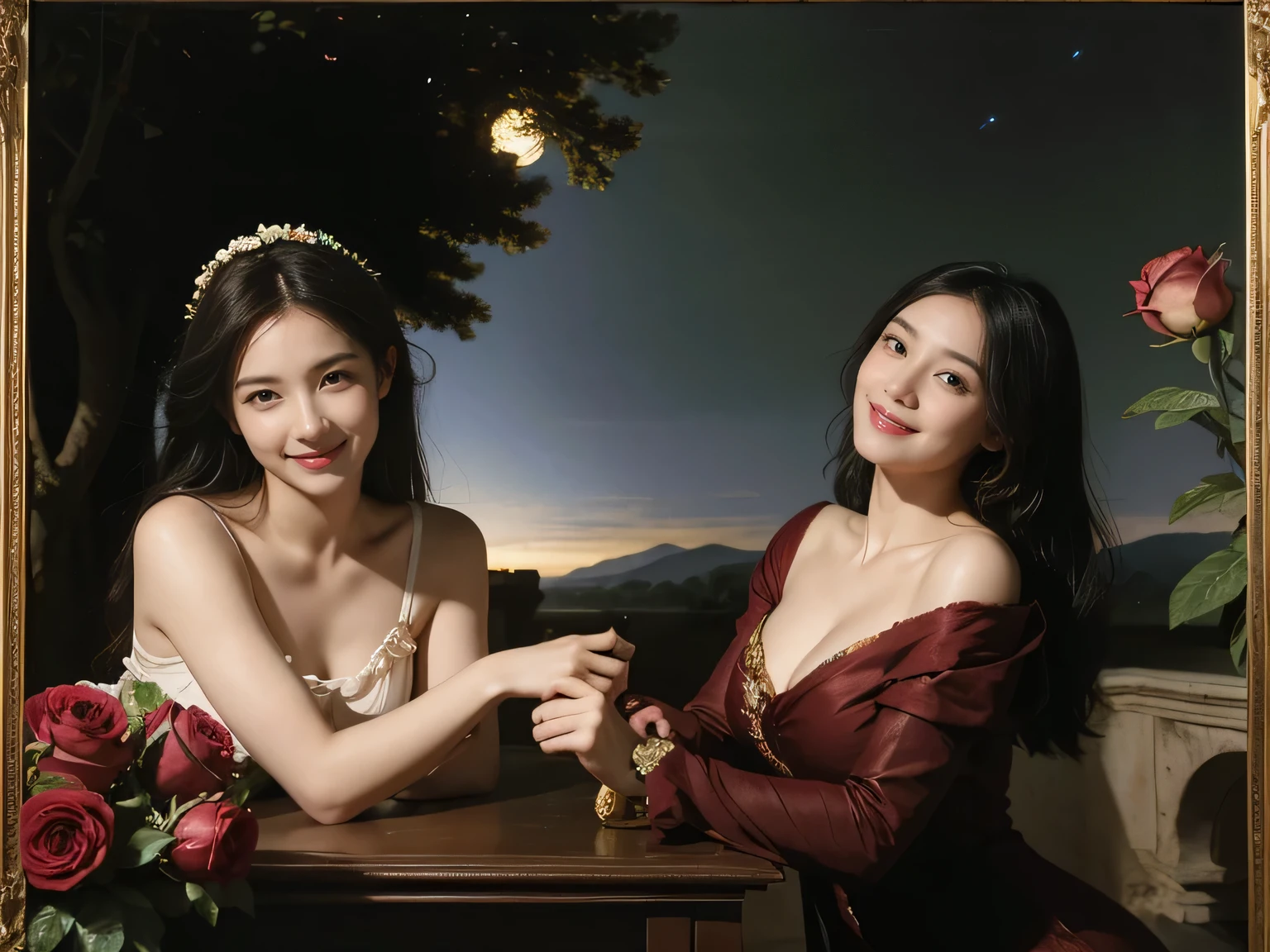 Giorgione&#39;s painting style,Discussion between two female philosophers,math、astronomical machine、astronaut、roses in vase、fruit、Cute trinkets、smile、ancient greek costume、The background is a forest lake at night 、Clothes that stretch your shoulders、A big smile、beautiful bare skin、A detailed representation of the seducing woman throughout her body..full body portrait, ancient roman ruins, Poussin style night view, A smile, , sweet and enchanting appearance.、caravaggio painting、Caravaggio&#39;s Chiaroscuro、My hair was messed up by the wind, two women having fun, Cute smile, expression of ecstasy, Sexy, erotic 