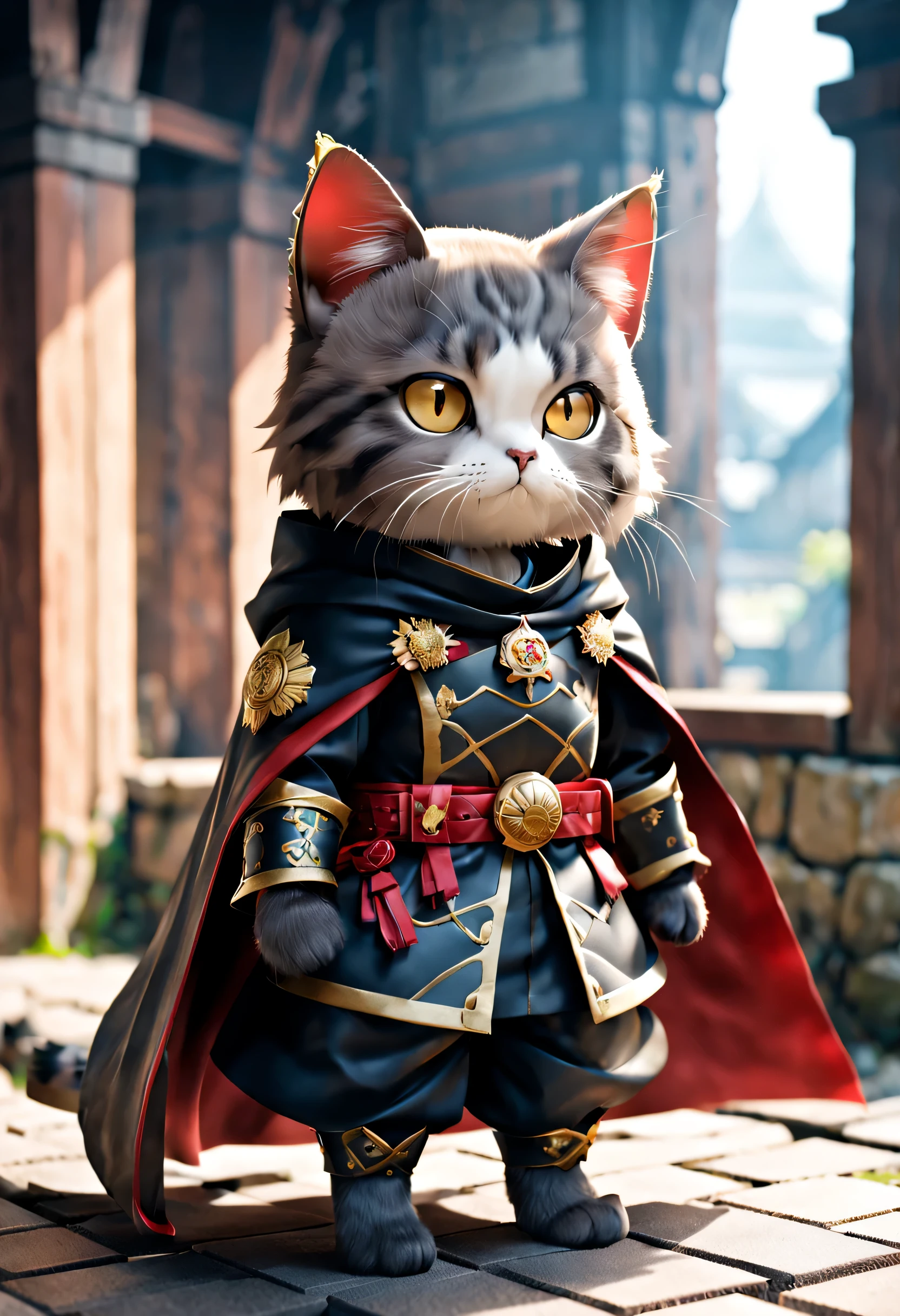 Full body Esbian、cute male round eyed cat 、Deformed animals、diorama、simple background、Shibuya Fashion、masterpiece, highest quality, Capture the cutest moments, written boundary depth, Super detailed, ultra high resolution, octadale, 8k, 16k、no hair、Wearing Oda Nobunaga&#39;black nanban armor、american shorthair、genuine、masterpiece、The background is inside the castle tower of a Japanese castle..、Wearing a black cloak、You can see a little of the red lining of the cloak..