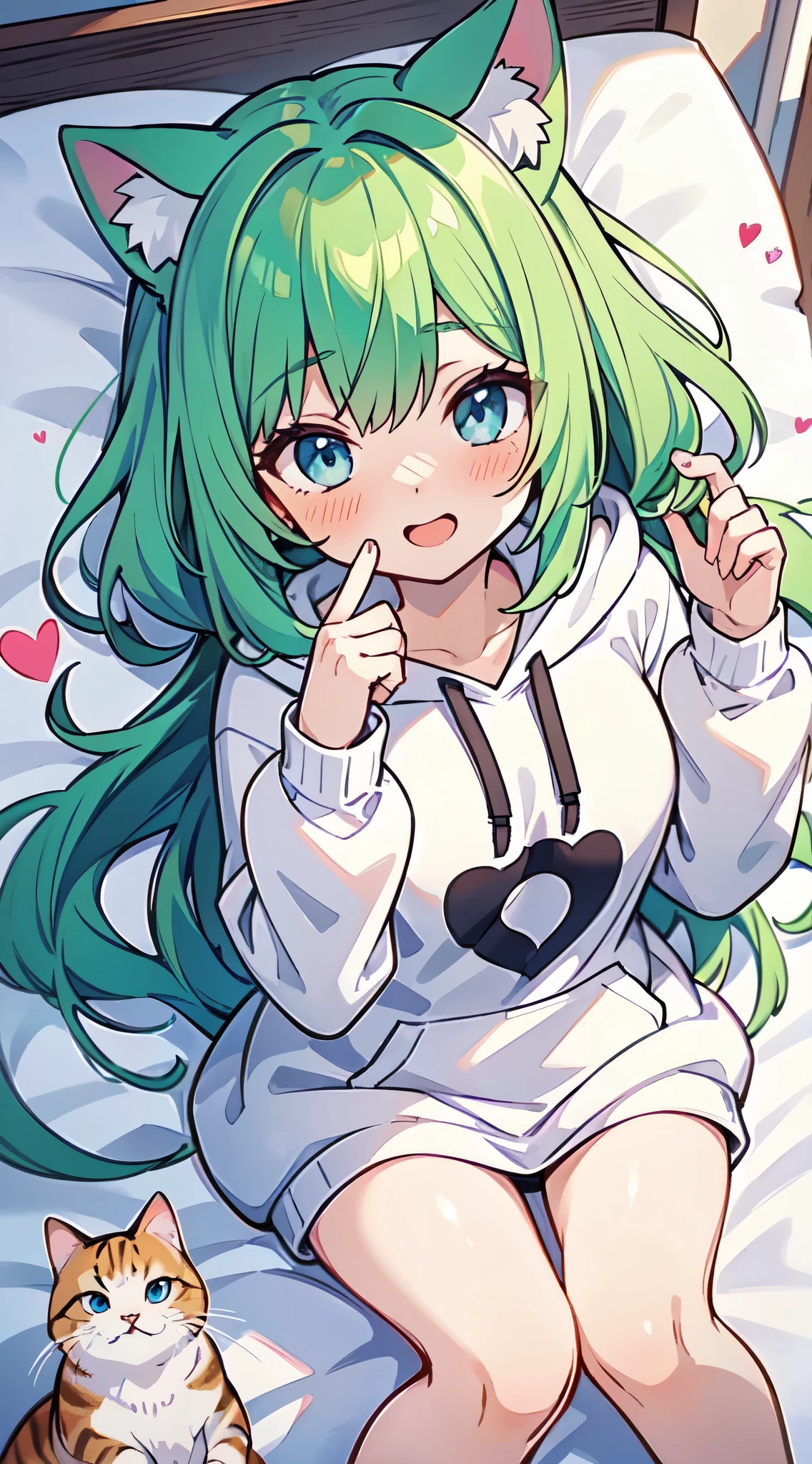 ((A Pretty girl with green hair and blue eyes lying on the bed)), ((cat ears)), ((wearing white hoodie)), ((heart sign)), Baby face, ((master piece, top-quality, ultra-definition, high resolution)), anime girl, ((ultra-detailed illust:1.2)), only one person, bangs, hair between eye, beautiful hair, Shiny eyes, Medium breasts, thighs, Big smile, ((blushing)), opened mouth, in the bedroom