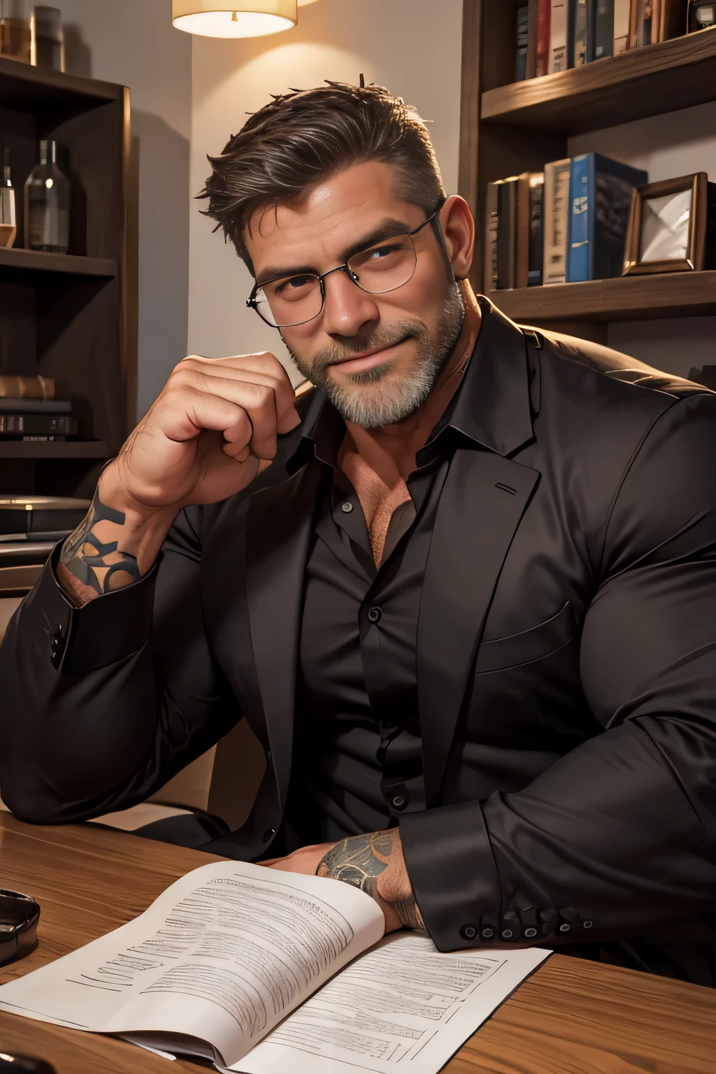 Award-winning original photo, a wild muscular man (40 years old daddy:1.1), beards, burly, hunk, black formal shirt, sitting on of a table, eyeglasses, tattoo on the forearm, detailed, lovely, smirking, from the front