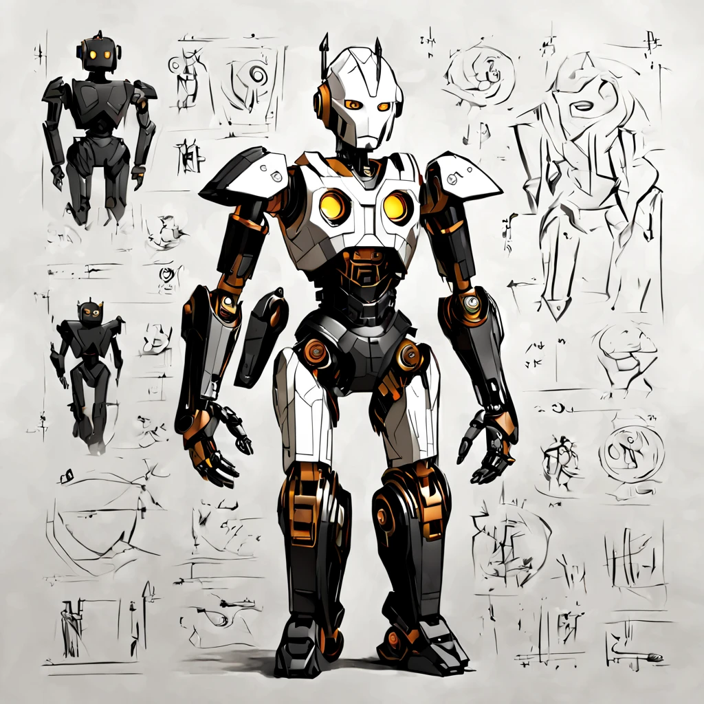 sketch_sheet, a drawing of a humanoid robot, ((black and white:1.5)), (paper background:1.5) golden ratio, detailed, sharp focus, intricate, still, dynamic, full color, attractive, cinematic, highly saturated colors, surreal, open intriguing, very inspirational, glowing, magical, thought fascinating, creative, positive, unique