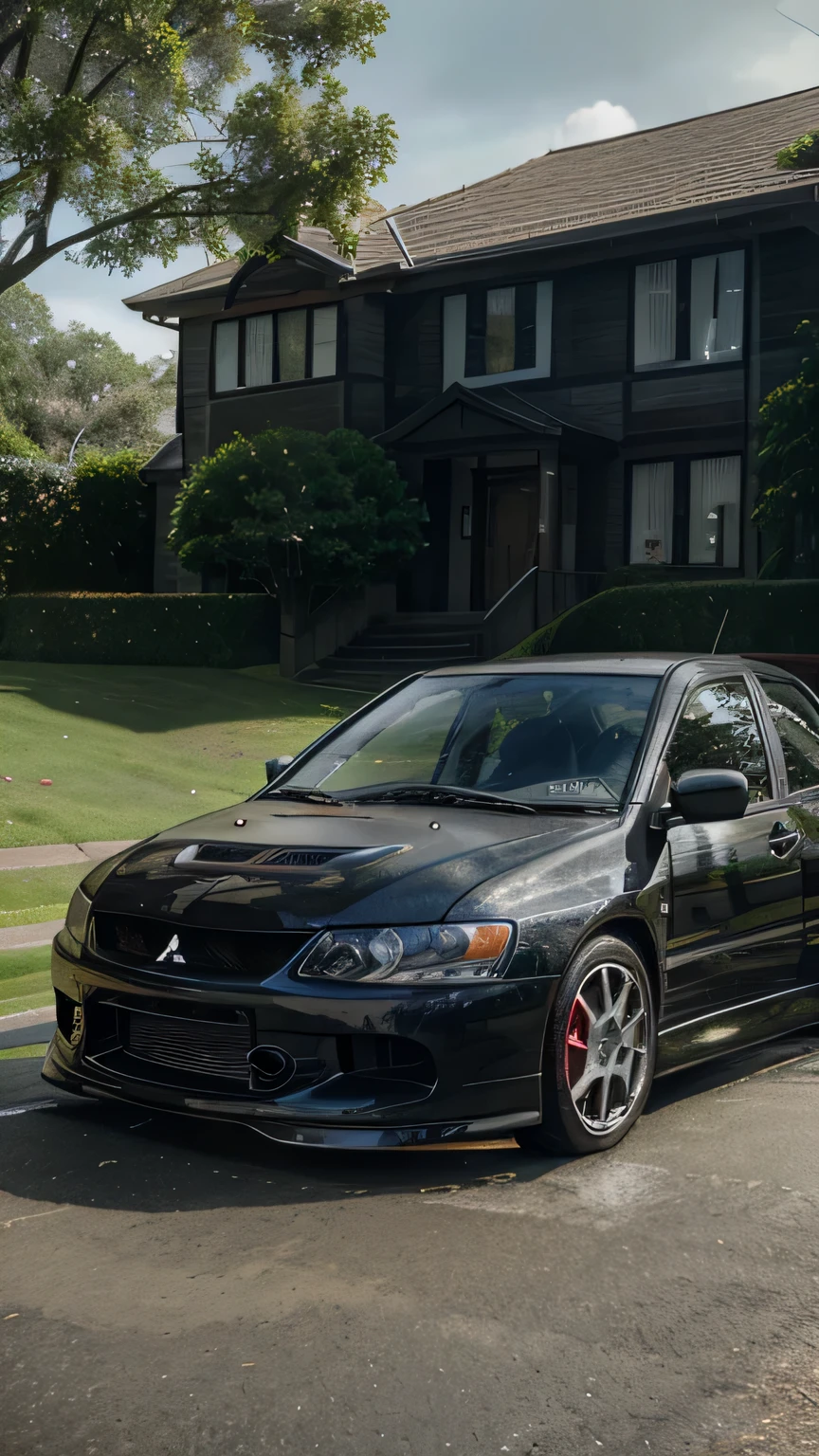 Mitsubishi Lancer Evolution Modified Sport car coming, beautiful long wet road, daytime, sunlight, wet day, rainy, daytime, hyper-realistic, fully detailed vivid colors, close view, detailed ground, with small rocks and leaves.