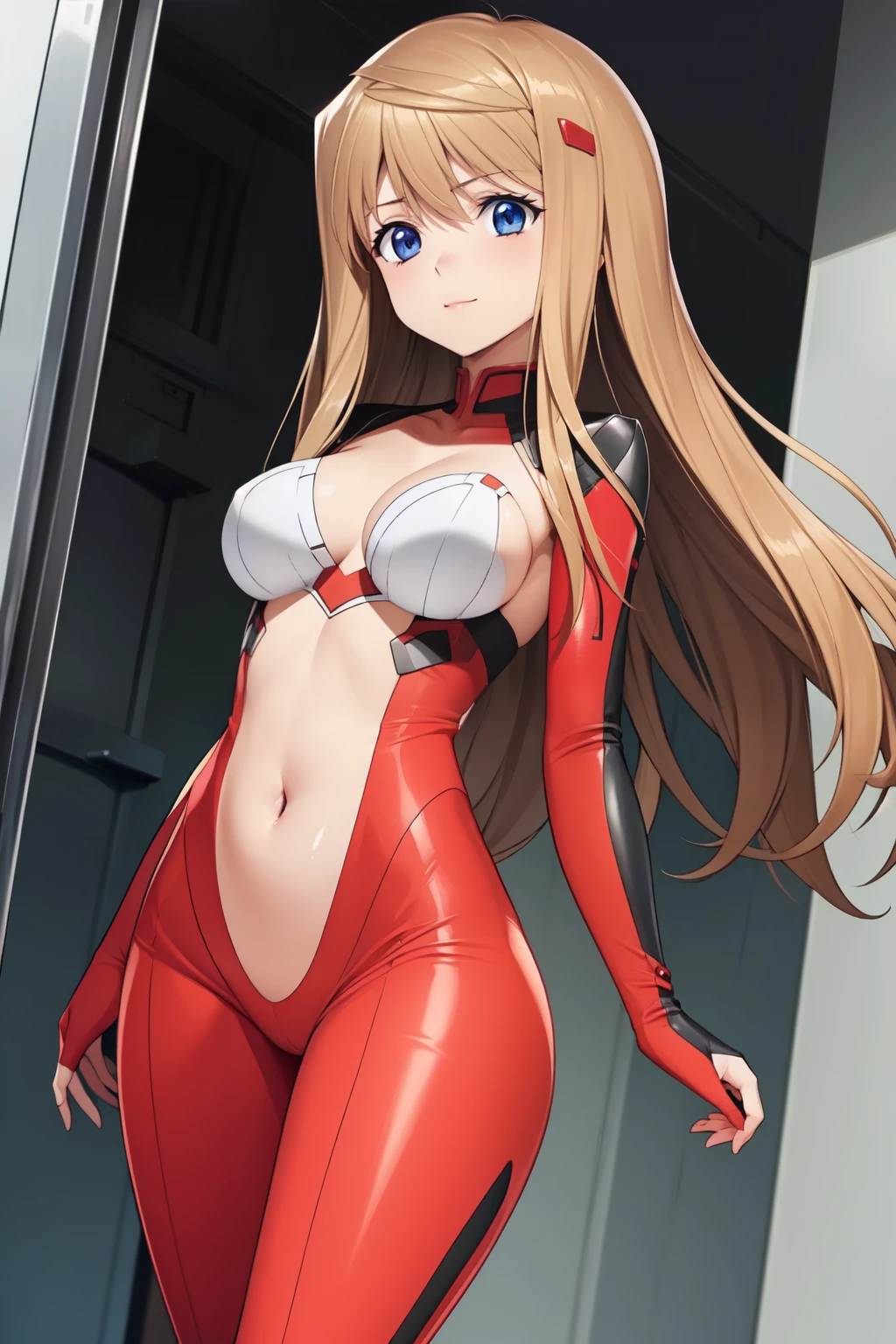 hiiragi_akao, hairclip, akao_bodysuit, pilot suit, gloves, plugsuit, red bodysuit
