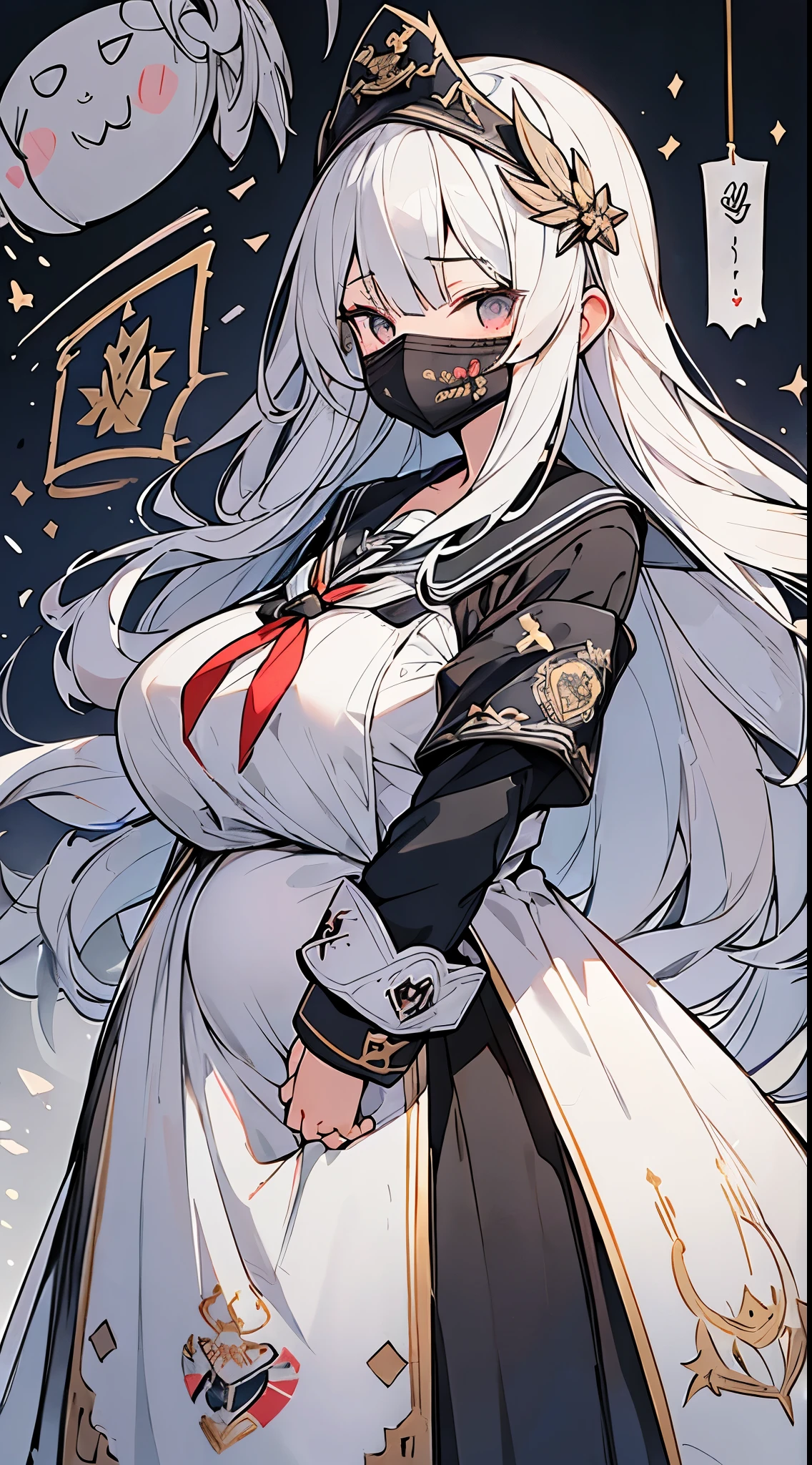 Super detailed illustration、super cute face、silver long hair、beautiful girl、(Pregnant)、((bad、Super long skirt、black mask、modified sailor suit、special attack uniform coat "I love you"Embroidery、armband、Metropolitan Police Department Yo-Yo))