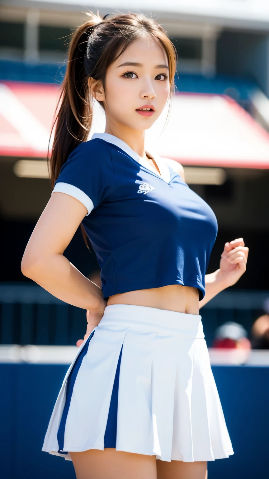 (RAW photo: 1.2), (realistic: 1.4), NSFW, highest quality, 比類のないmasterpiece, ((perfect woman image)), figure, very delicate and beautiful, very sophisticated, CG, unity, 8k wallpaper, wonderful, elaborate, masterpiece, highest quality, official art, very detailed CG Great unity 8k wallpaper, disorganized, huge file size, Super detailed, High resolution, very detailed, very delicate girl, Fine eyes and face, beautiful eyes, 1 girl, Stiff shoulder, big breasts, [thin waist], perfect figure, slim, (cute japanese: 1.3), watch viewer, open lips, realistic light, realistic shadows, Sparkling dazzling lighting, face, close, view viewer, look down, (Ulsan-6500-V1. 1:0.8), cheerleader, pom pom付き, Ahoge, ponytail, Cheerleader,(Cheering uniform, white thighs:1.4), dance, stadium, cowboy shot (Cheerleader, crop top, mini skirt, bare shoulders, white skirt, Are standing, pom pomを持っている), pom pom (cheer leading\), rest outdoors, 満員のstadium, blue sky with clouds, 笑face,