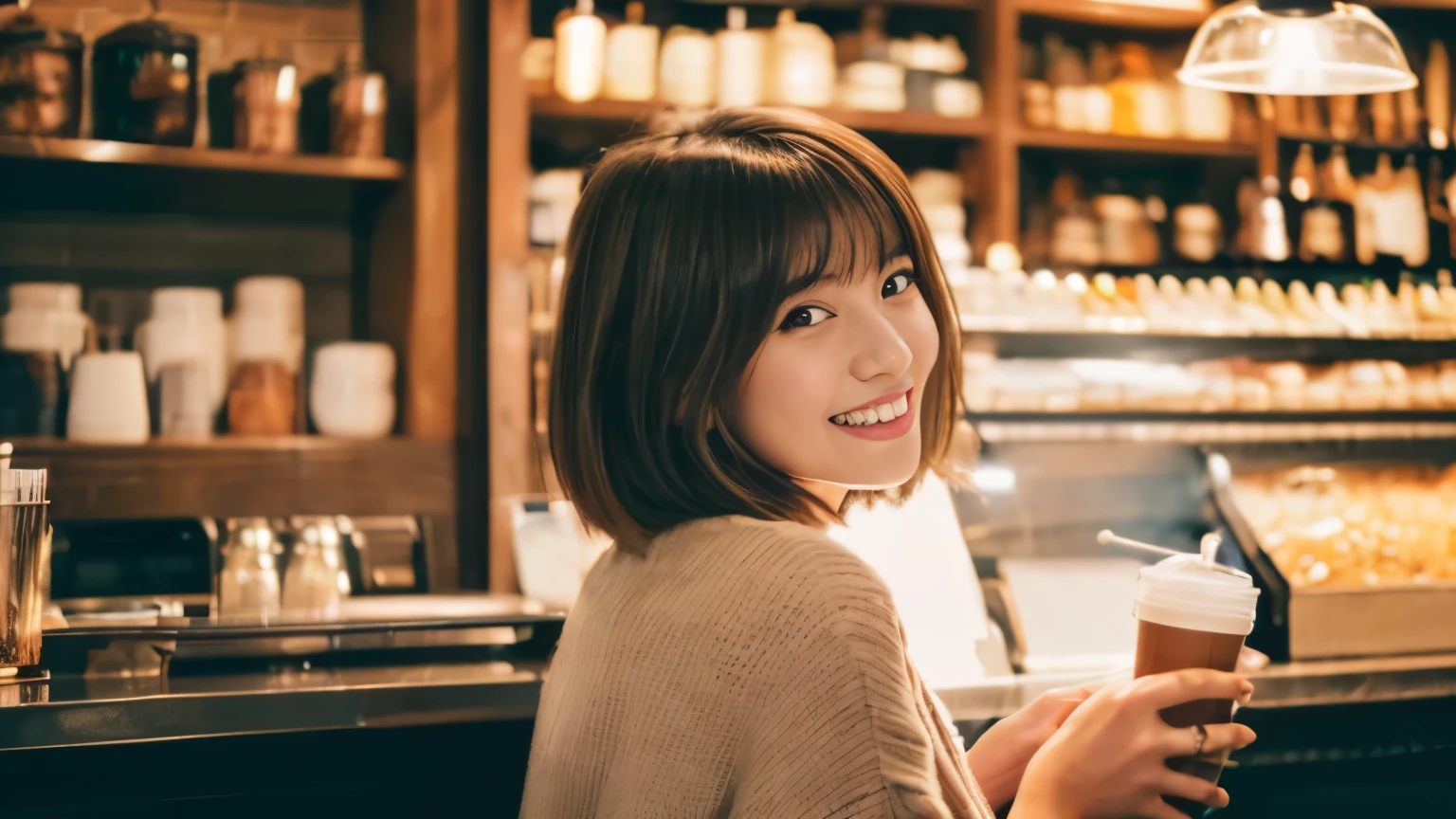 ((最high quality, 8k, masterpiece: 1.3)), perfect face,Inside a stylish cafe in New York、A scene in which a beautiful model-like woman with big breasts is drinking a latte and studying on a laptop.,everything around you, I can see other customers enjoying themselves too...。At the back of the cafe、Staff are busy working at the counter.、Feel the vibrancy and warmth of a city cafe.., sharp focus, 1 girl, sexy 1.2, brown hair, With bangs, (layered short hair), (big: 1.5), fine eyes, Beautiful eyes with slit length, double eyelid, (cat face), (cute Face), cute Smile, (close your mouth), (cute), soft skin, show the whole body, surreal, Super detailed, high quality, (カフェで勉強するショートヘアでbrown hairの美しい女子大生), ((詳細な非常にcute女子大生), ((big胸 It can be seen even through clothes)),Staring at my boyfriend