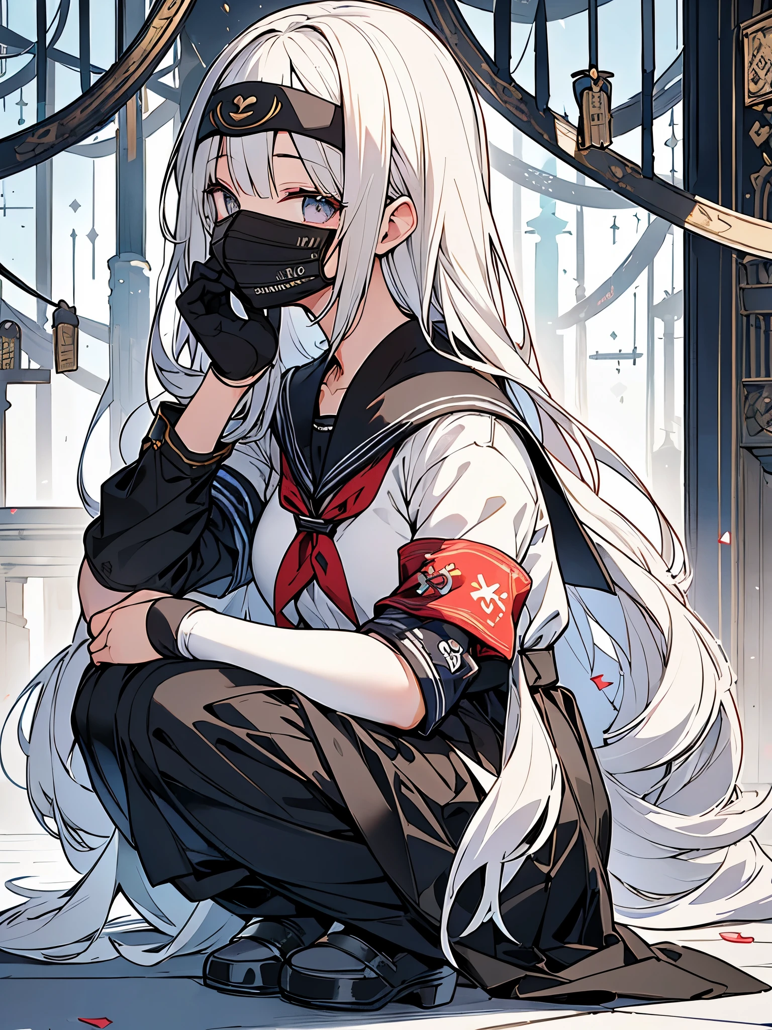 Super detailed illustration、super cute face、silver long hair、beautiful girl、Pregnant、((bad、Super long skirt、black mask、modified sailor suit、armband、Lock、squat))