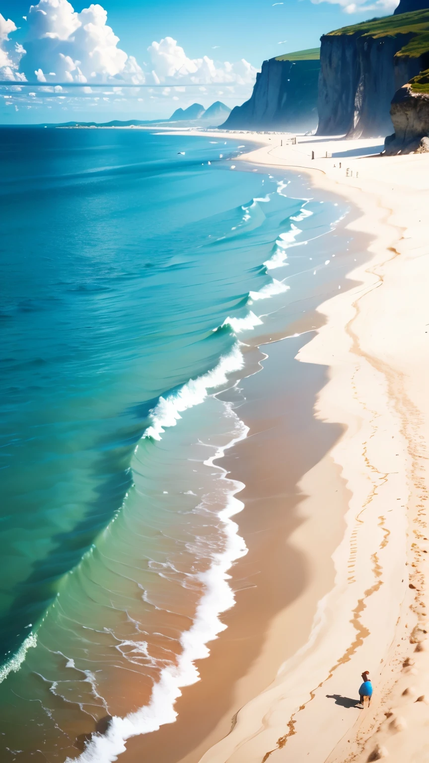 high quality，High image quality，1080P，sea level，Only the sea，From the shore towards sea level，clear sky，In smooth water，vision，Clear，One way，Water floods the pavement，pebbles，SUN，blue sky，white clouds，Glow，Reflected light from the surface of the water，seagull，  Minimalism