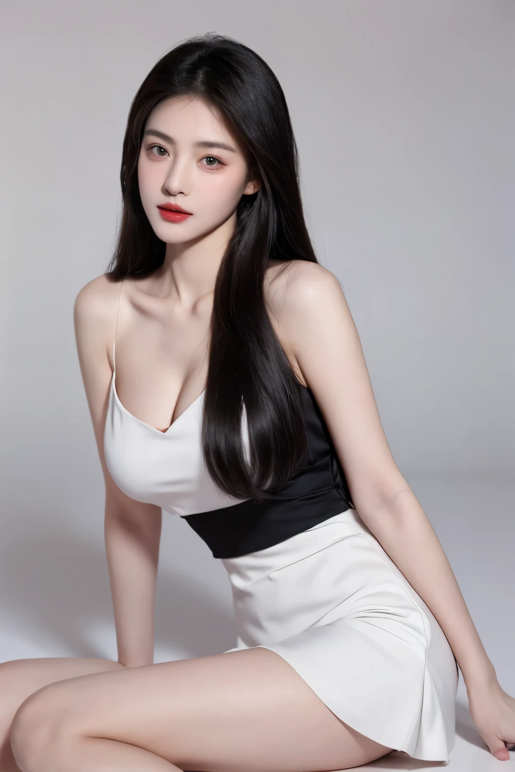 （lifelike,high resolution：1.3）， A slim girl， The face shape and eyes are super delicate,black hair,red glossy lips,(beautiful face), (best quality), (Super detailed), (Extremely detailed CG unified 8k wallpaper),((Evening wear)),(White background),(A little cleavage),(Model photo),sexy look,big eyes,(standing),(short skirt)，Eyes look at the audience,soft breasts,very realistic breasts,Straight chest,Character centered,black hair,Model posing,