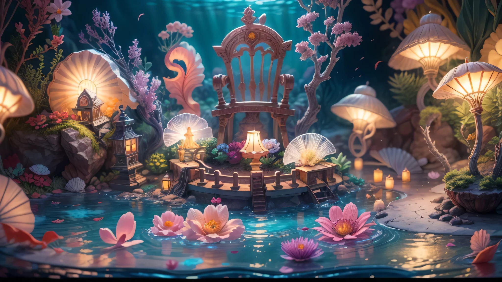 Magic garden miniature scene, delicate underwater flowers、soft glowing seashell、Illuminated by happy smiling miniatures. 8K Autorealist,Amidori Garden、seashell furniture