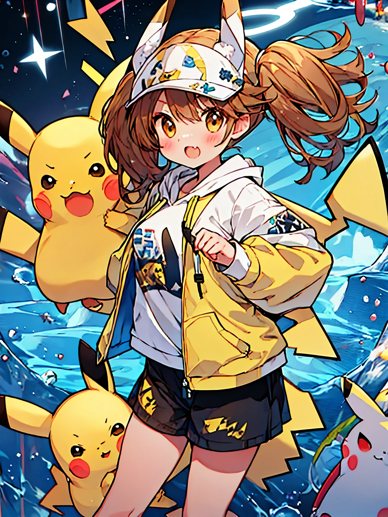 super cute face,cool,halo,pikachu printed hoodie,standing,(pikachu ears,pikachu tail)、