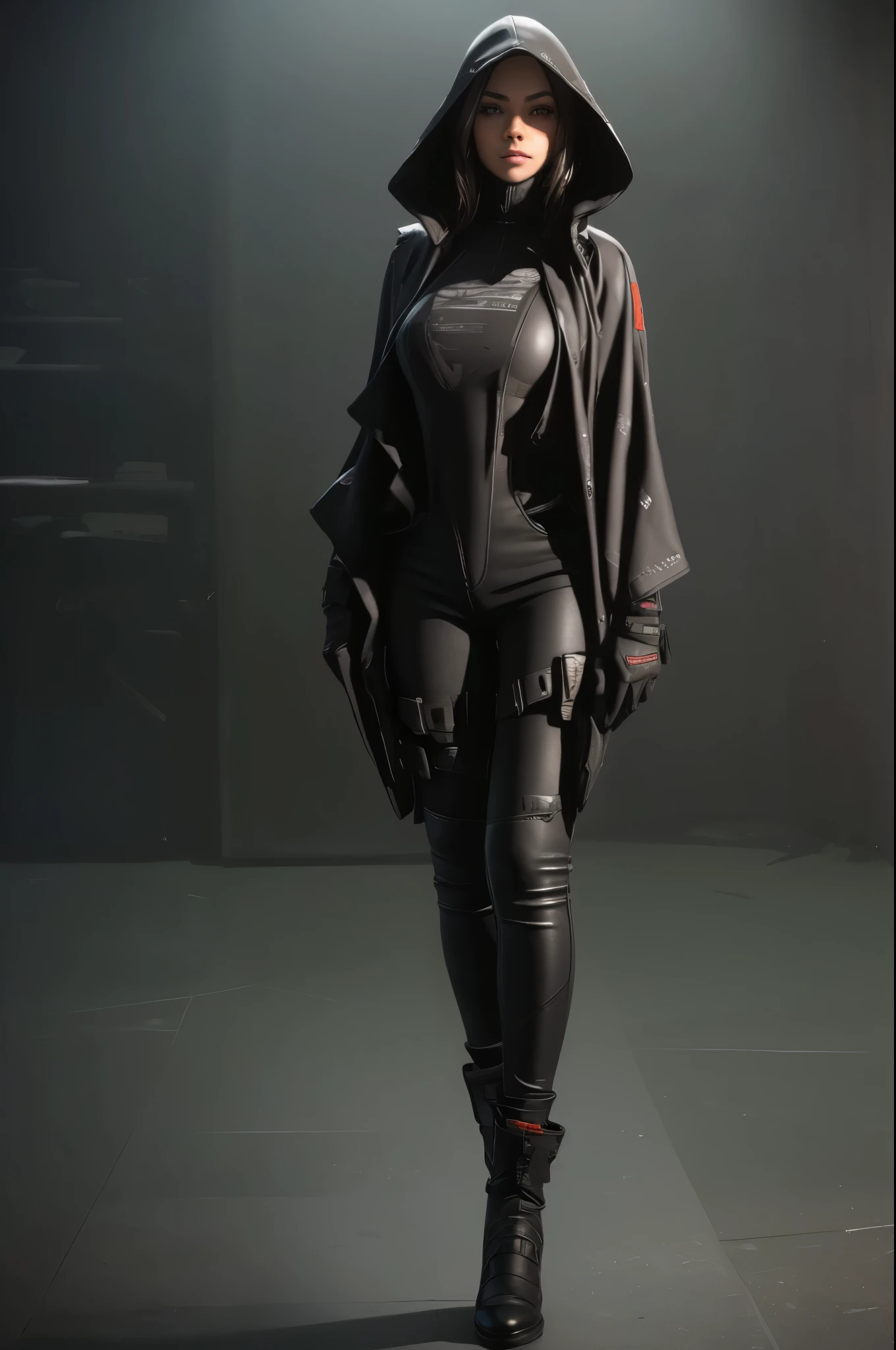 (full body, 1 girl, looking at viewer, highly detailed, anatomy correct:1.4), black gloves, hood on, tactical gear, Sharp focus, black boots, (athletic body:1.3), black jeans, 
((Best quality)), ((masterpiece)), Depth-of-field, Multi-layered textures, HDR (High Dynamic Range), Ray Tracing, NVIDIA RTX, Unreal 5, Subsurface scattering, PBR Texturing, Post-processing,
Anisotropic Filtering, Maximum clarity and sharpness, Wide aperture, Low ISO, White balance, Rule of thirds, 8K RAW, (extremely slutty), (Highly realistic skin), sharp image,(ultra detailed), (extremely detailed), (extremely high quality artwork),