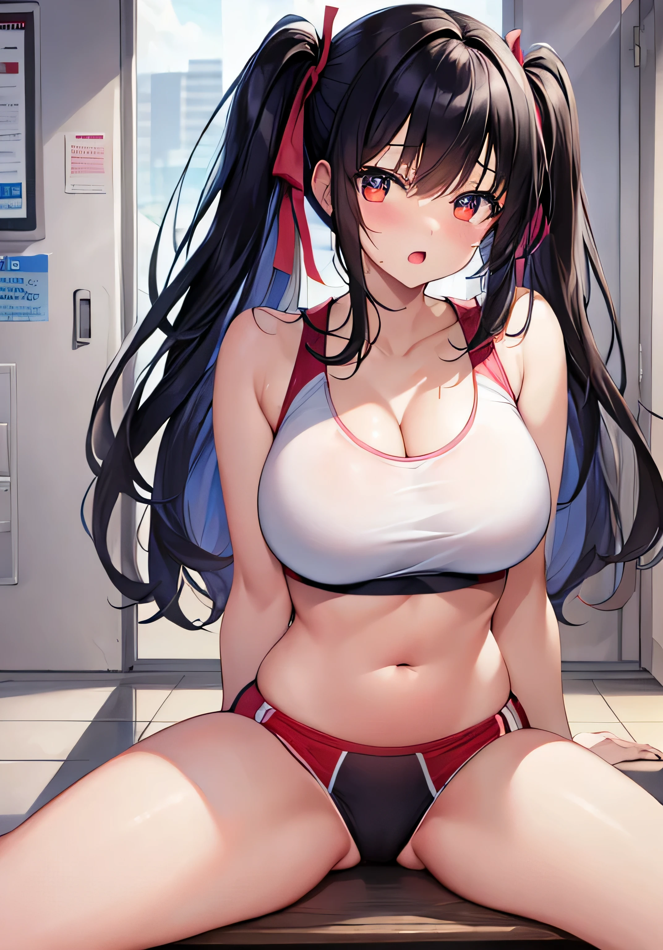 masterpiece、best image quality、ultra high resolution、 girl with big breasts、twin tail hairstyle、black hair、red face、shyly、mock、Open your mouth just a little、Sports bras for teenage girls that show cleavage、Well-shaped belly button、well-shaped legs、sports briefs for teenage girls、sitting on a bench with legs slightly apart、Inside the locker room
