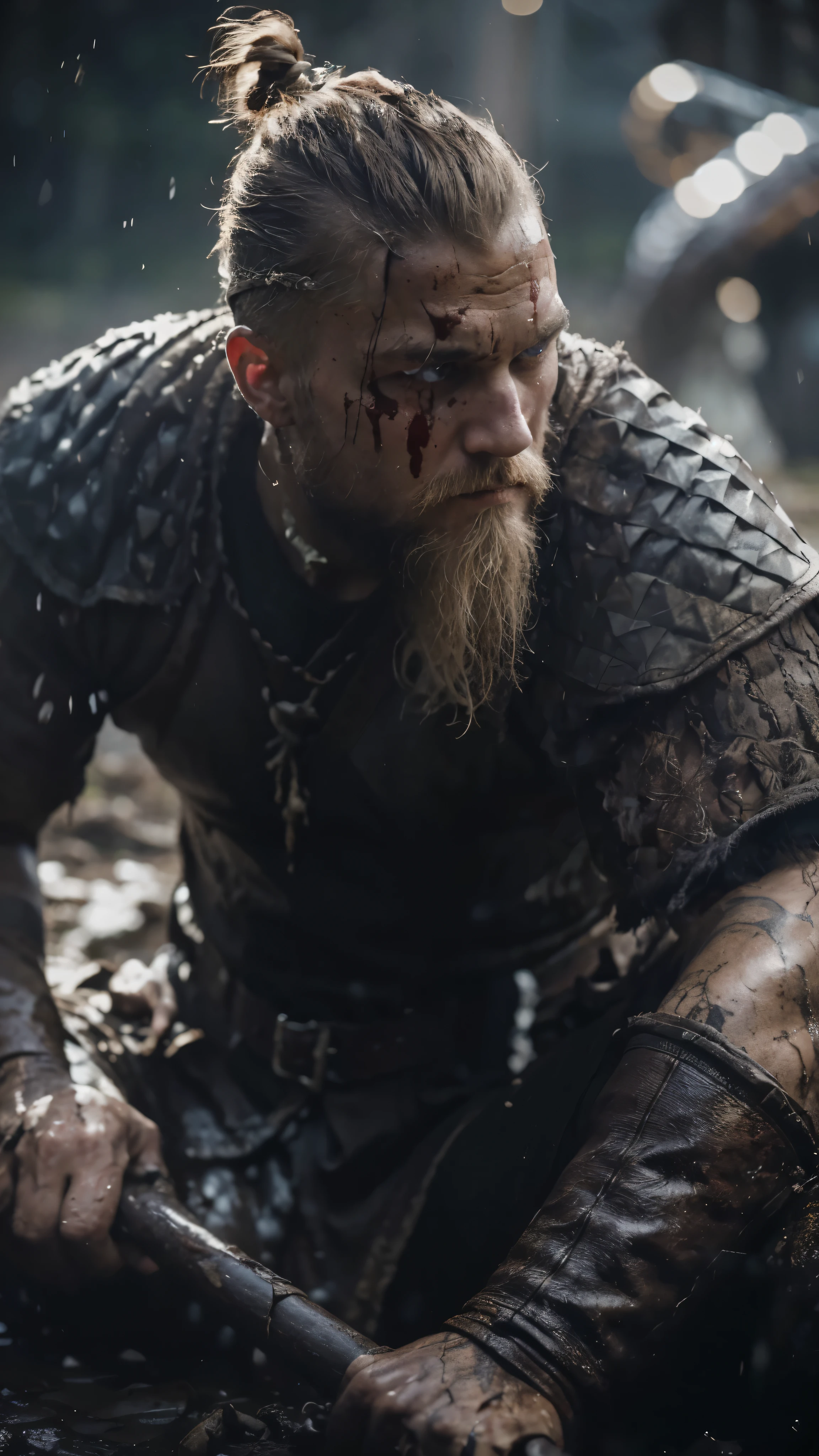 Ragnar Lothbrook, com barba sentado na lama, Viking and Templar aesthetics, energia de postura de combate, Olhos perfeitos!!, rescaldo de uma grande batalha, sangue nas ruas, fiordes, quadro de tv ainda, Brad, - 8, boi, nacionalista, por Ben Enwonwu, barba loira