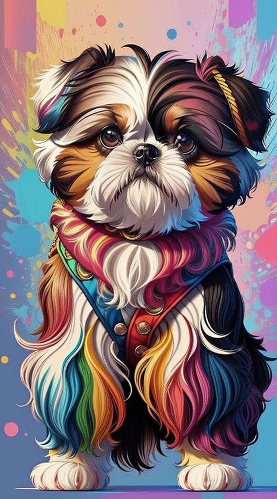 (Cachorro shih-tzu  de pelos curtos brancos e pretoelhor pose),(best angle), (better expression), Eduardo Kobra acolchoamento ,multidimensional geometric wall PORTRAIT, arte, Chibi,
Yang08k, lindo, Colouring,
Primary works, qualidade superior, melhor qualidade, Arte Oficial, Beautiful and Aesthetic, pelos coloridos,