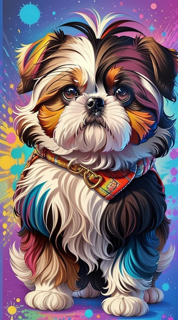 (Cachorro shih-tzu  de pelos curtos brancos e pretoelhor pose),(best angle), (better expression), Eduardo Kobra acolchoamento ,multidimensional geometric wall PORTRAIT, arte, Chibi,
Yang08k, lindo, Colouring,
Primary works, qualidade superior, melhor qualidade, Arte Oficial, Beautiful and Aesthetic, pelos coloridos,