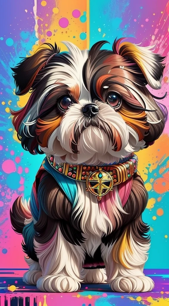 (Cachorro shih-tzu  de pelos curtos brancos e pretoelhor pose),(best angle), (better expression), Eduardo Kobra acolchoamento ,multidimensional geometric wall PORTRAIT, arte, Chibi,
Yang08k, lindo, Colouring,
Primary works, qualidade superior, melhor qualidade, Arte Oficial, Beautiful and Aesthetic, pelos coloridos,