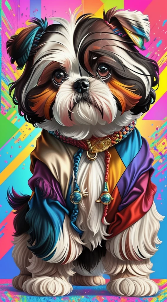 (Cachorro shih-tzu  de pelos curtos brancos e pretoelhor pose),(best angle), (better expression), Eduardo Kobra acolchoamento ,multidimensional geometric wall PORTRAIT, arte, Chibi,
Yang08k, lindo, Colouring,
Primary works, qualidade superior, melhor qualidade, Arte Oficial, Beautiful and Aesthetic, pelos coloridos,