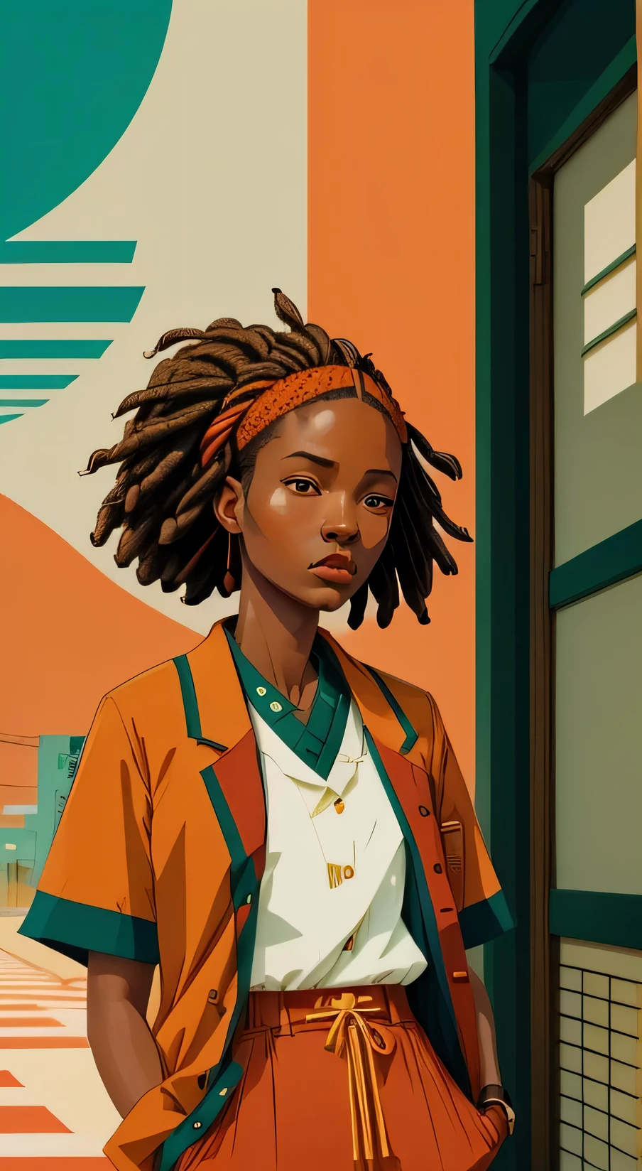 yoshitomo nara:1.5, wes anderson:1.3, new casualism, retro, minimalism (1 african girl with dreads hair and vintage clothes) sexy, cameltoe,abstract minimalist background,yoshitomo nara:1.5, wes anderson:1.3, new casualism, retro, minimalism