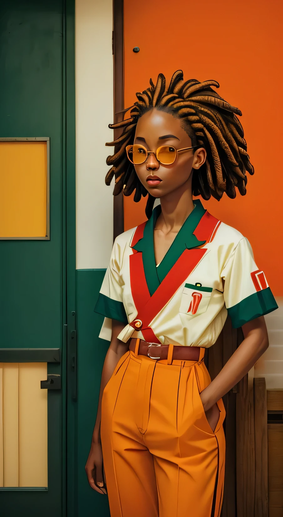 yoshitomo nara:1.5, wes anderson:1.3, new casualism, retro, minimalism (1 african girl with dreads hair and vintage clothes) sexy, cameltoe,abstract minimalist background,yoshitomo nara:1.5, wes anderson:1.3, new casualism, retro, minimalism