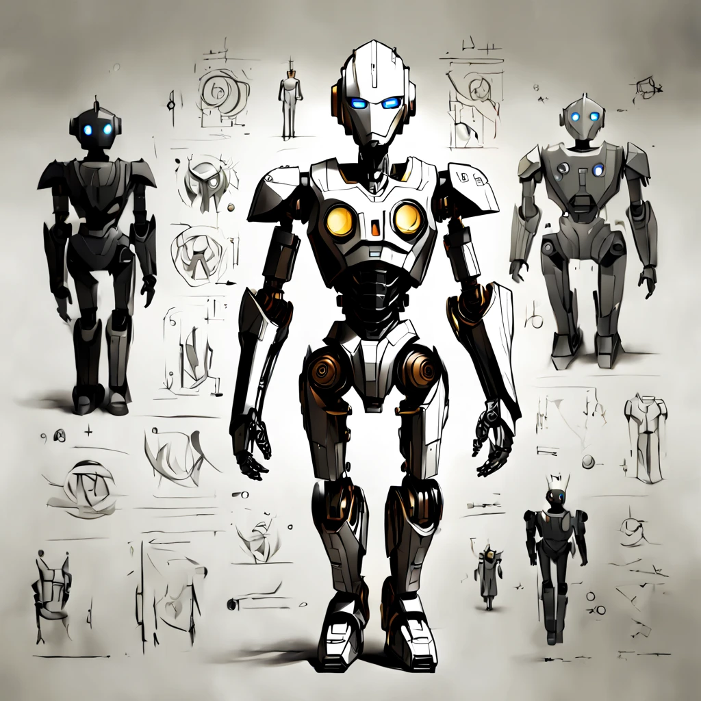 sketch_sheet, a drawing of a humanoid robot, ((black and white:1.5)), (paper background:1.5) golden ratio, detailed, sharp focus, intricate, still, dynamic, full color, attractive, cinematic, highly saturated colors, surreal, open intriguing, very inspirational, glowing, magical, thought fascinating, creative, positive, unique