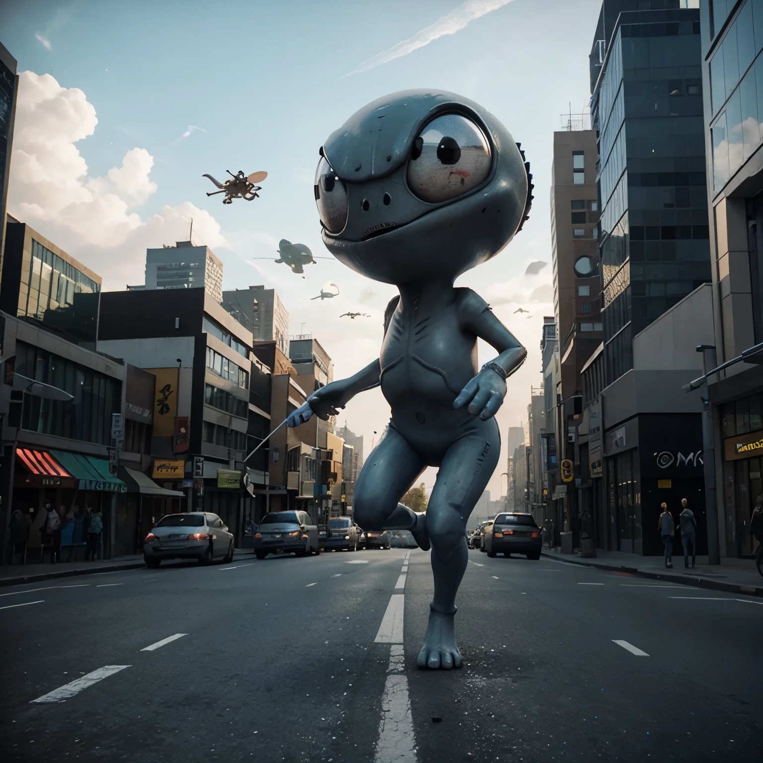 3D cartoon population fleeing the city, estilo pixar, alien apocalypse