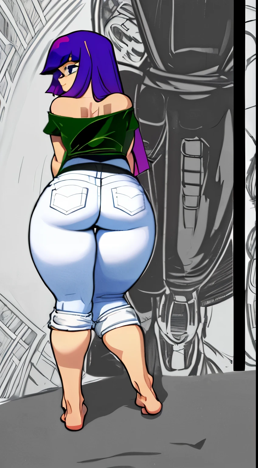 (((Miko Kubota, woman, extremely detailed, extremely detailed legs, extremely detailed arms, extremely detailed, perfectly detailed eyes, perfectly detailed anatomy))): solo,curved thighs, huge thighs, curvature, looking over the shoulder, thicc, cropped jeans, cropped plaid shirt, farm, huge ass, facing away from camera, bare feet, twerking