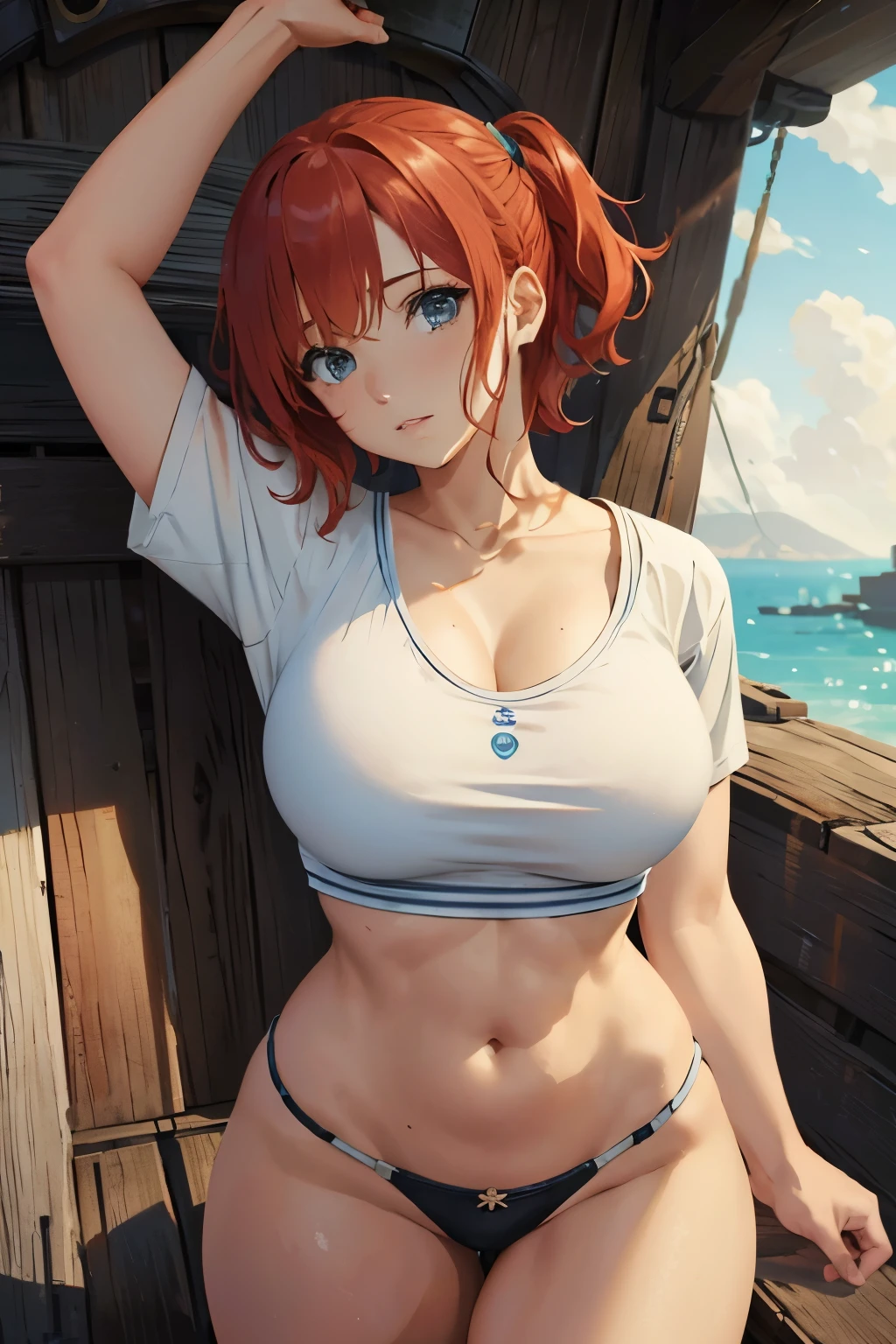 portrait of emilyrudd, nami, a woman, redhead,  short red hair, in a pirate ship, huge breasts, breasts larger than head, thick thighs, abs, large brasts, massive breasts, hyper breasts, bubble ass, bubble butt, (best quality:1.1), (masterpiece:1.4), (absurdres:1), (masterpiece), best quality, expressive eyes, perfect face, curvilienar waist