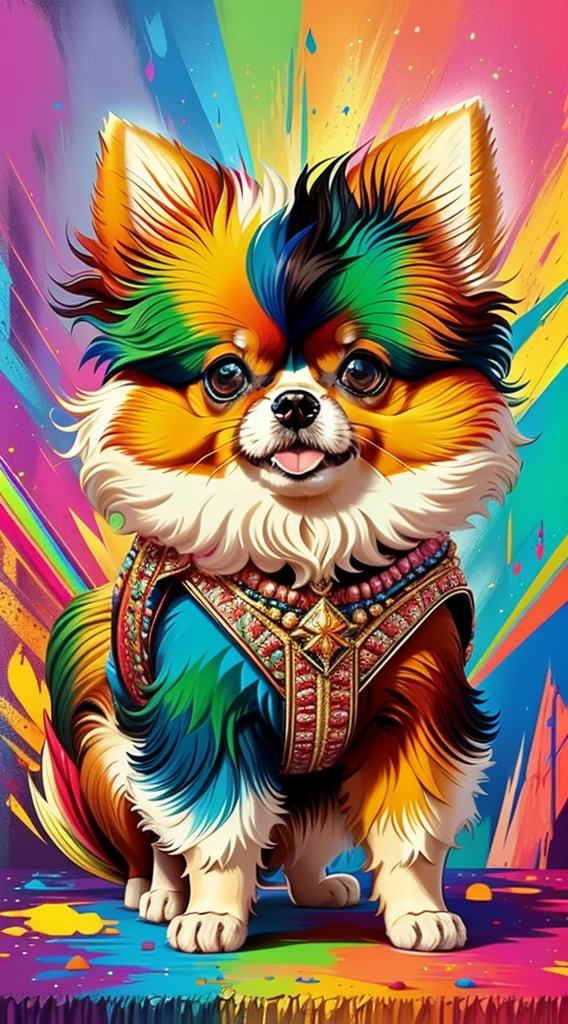 (Cachorro pomeranian de pelos curtos brancos e pretoelhor pose),(best angle), (better expression), Eduardo Kobra acolchoamento ,multidimensional geometric wall PORTRAIT, arte, Chibi, Yang08k, lindo, Colouring, Primary works, qualidade superior, melhor qualidade, Arte Oficial, Beautiful and Aesthetic, pelos coloridos,