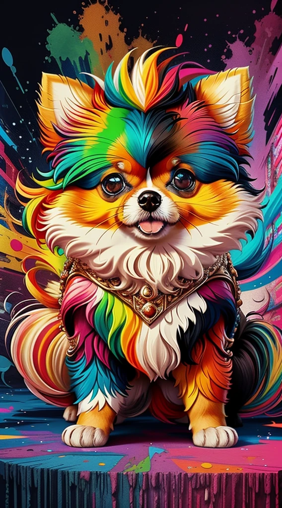 (Cachorro pomeranian de pelos curtos brancos e pretoelhor pose),(best angle), (better expression), Eduardo Kobra acolchoamento ,multidimensional geometric wall PORTRAIT, arte, Chibi, Yang08k, lindo, Colouring, Primary works, qualidade superior, melhor qualidade, Arte Oficial, Beautiful and Aesthetic, pelos coloridos,