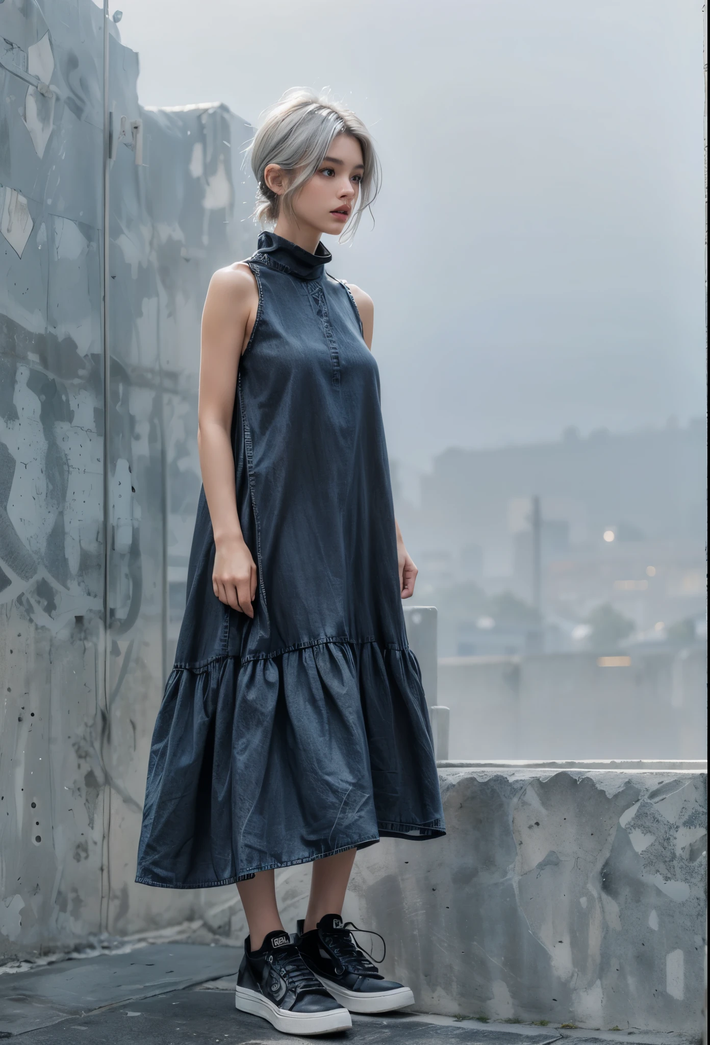 ultra detailed, beautiful, masterpiece, best quality, _ BREAK Beautiful and cute perfect model, Tightened all body, medium Breasts, _ BREAK (short hair, _ BREAK Perfect art background, Fog, mist, _ BREAK (all body shot, standing and Abstract pose:1.6), BREAK (Simple jet black simple Spring baggy maxi Dress:1.2),(cute silhouette black denim dress:1.4), , (High neck, Sleeveless, simple, Thick fabric:1.2), (black latex trim:1.2), Enamel black Sneaker, (One point accessories:1.2),(fog and mist Blurred background, Perfect and beautiful concrete background:1.4), (Inorganic and nostalgic white lighting:1.4), (gray hair, light color eyes, Diteled face),
