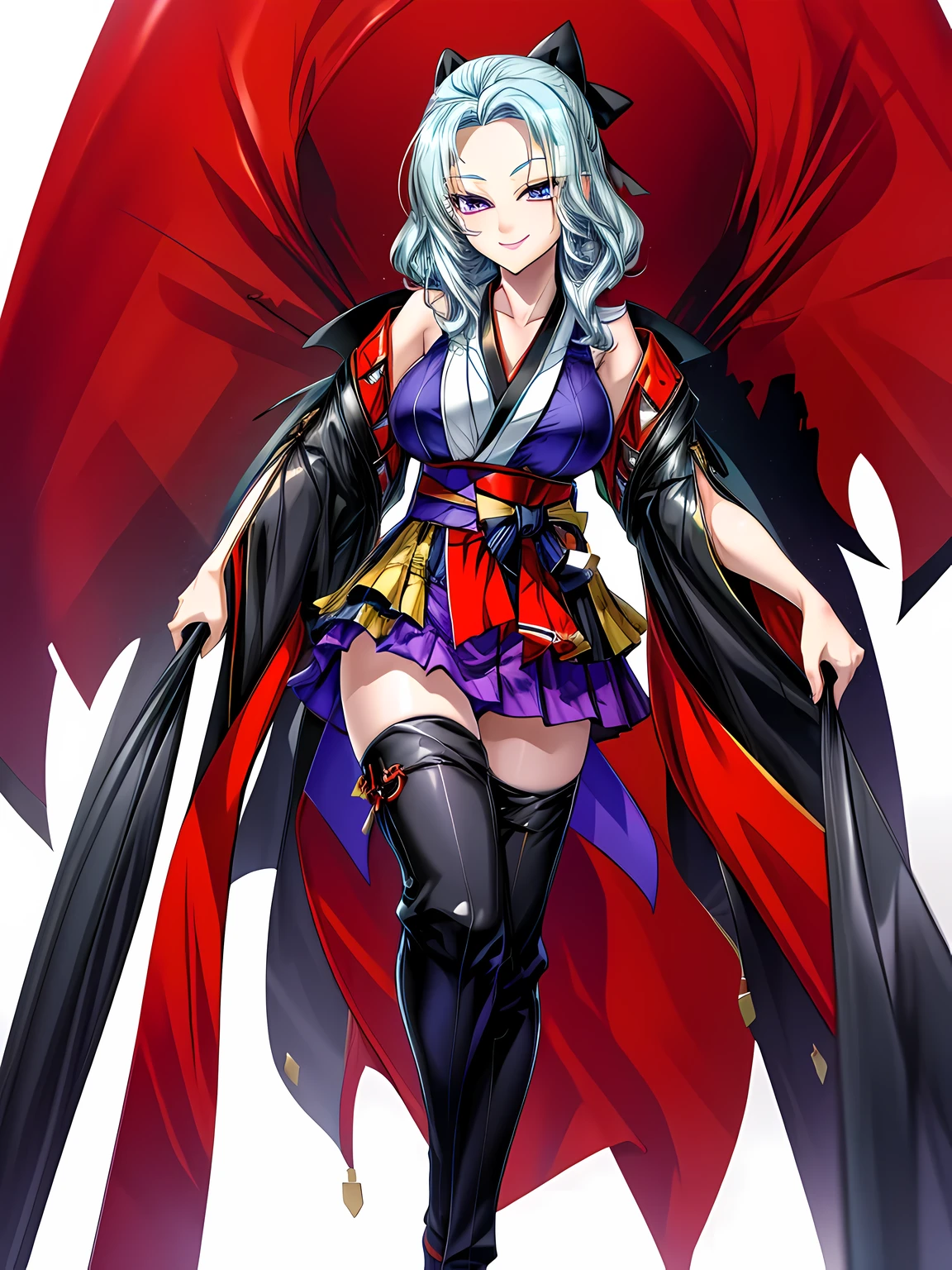 masterpiece of,(perfect anatomy:1.4), best quality, expensive_solve, small details, expensively detailed and beautiful, clear_image、((big breasts))、((thigh high socks))、(smile)、(hakama)、((one girl)), (Thighs are visible through the slit)