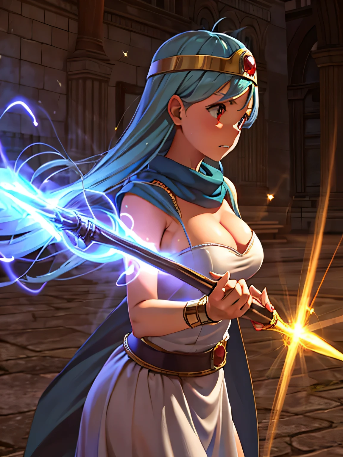 (masterpiece, Super detailed, highest quality, 8k:1.2), clenched teeth, upset, shine, medieval european castle, sage \(DQ3\), blue hair, hair blowing in the wind, white dress, red eyes, circlet, l2 light weapon, staff, Magic circle behind, flash from wand