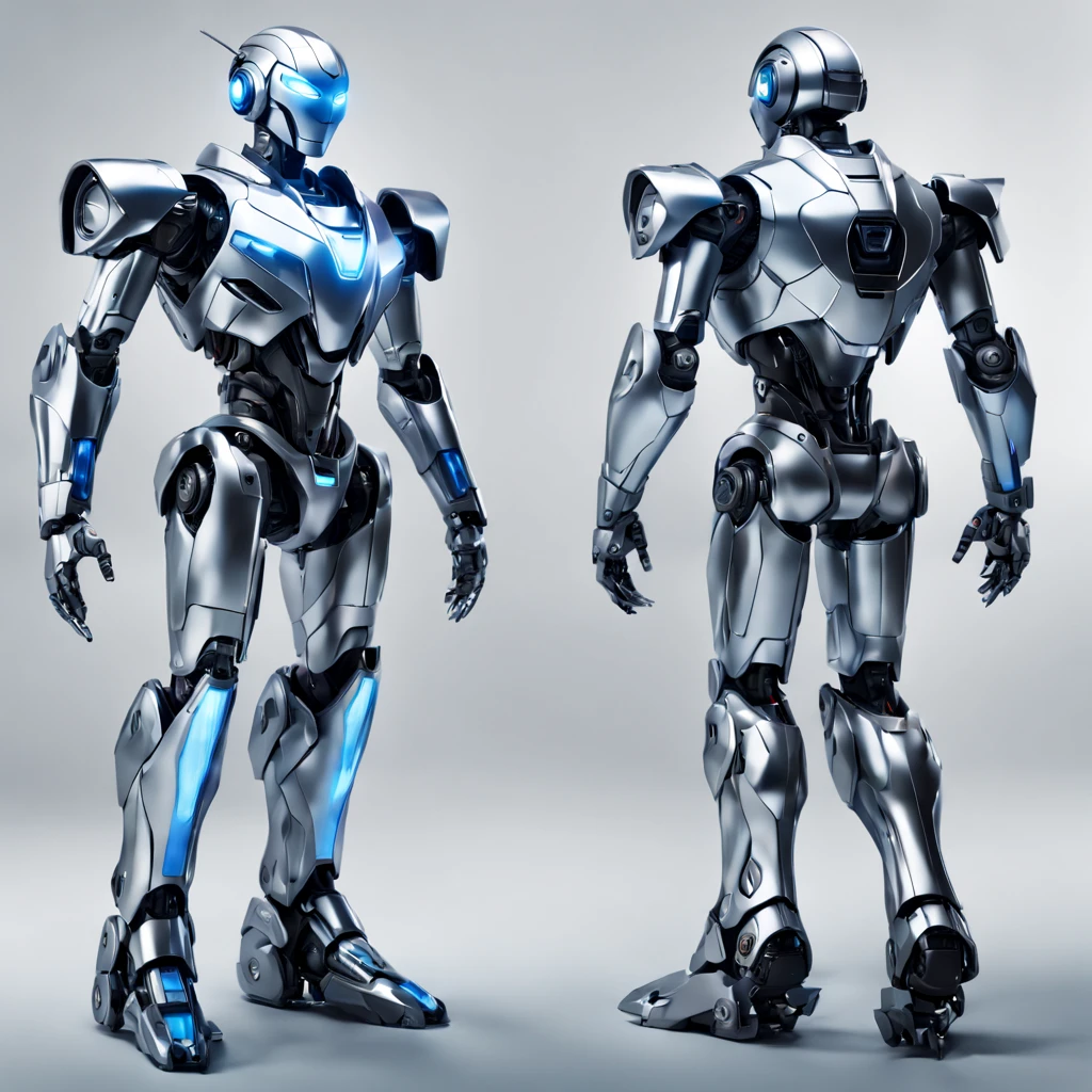 (best quality,highres,masterpiece:1.2),ultra-detailed,(realistic,photorealistic,photo-realistic:1.37),character design sheet,stylish humanoid robot,front and back and side view,sketch on a sheet,mechanically intricate details,angular and sleek design,metallic surface with fine reflections,nano woven texture,complex joint system,heavily armored exterior,high-tech digital display on its chest,glowing LED lights for eyes and joints,expressive face with realistic features,sharp lines and edges,powerful pose showcasing strength and agility,blue and silver color palette,studio lighting with dynamic shadows,professional 3D rendering.