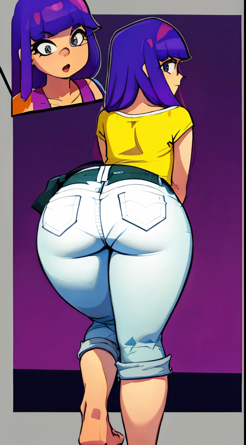 (((Miko Kubota, woman, extremely detailed, extremely detailed legs, extremely detailed arms, extremely detailed, perfectly detailed eyes, perfectly detailed anatomy))): solo,curved thighs, huge thighs, curvature, looking over the shoulder, thicc, cropped jeans, cropped plaid shirt, farm, huge ass, facing away from camera, bare feet, twerking, hd, 4k