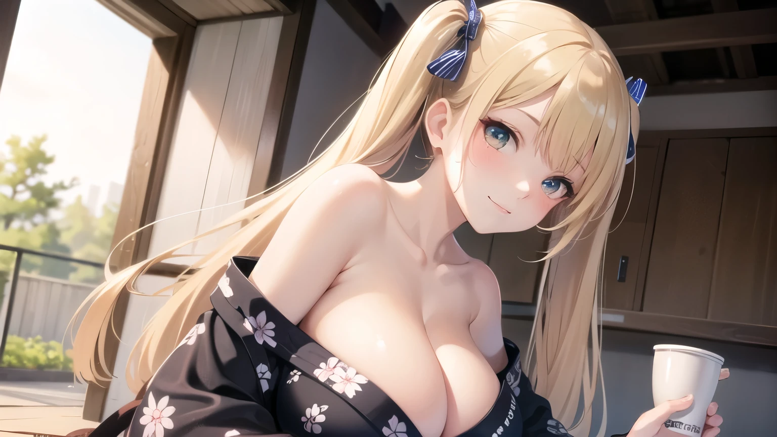 (((masterpiece, best quality))), (((superior quality))), cute girl, ((extremely detailed girl)), ((huge breasts)), (yukata), (bare shoulders), strapless top, slight smile, twin tail blonde