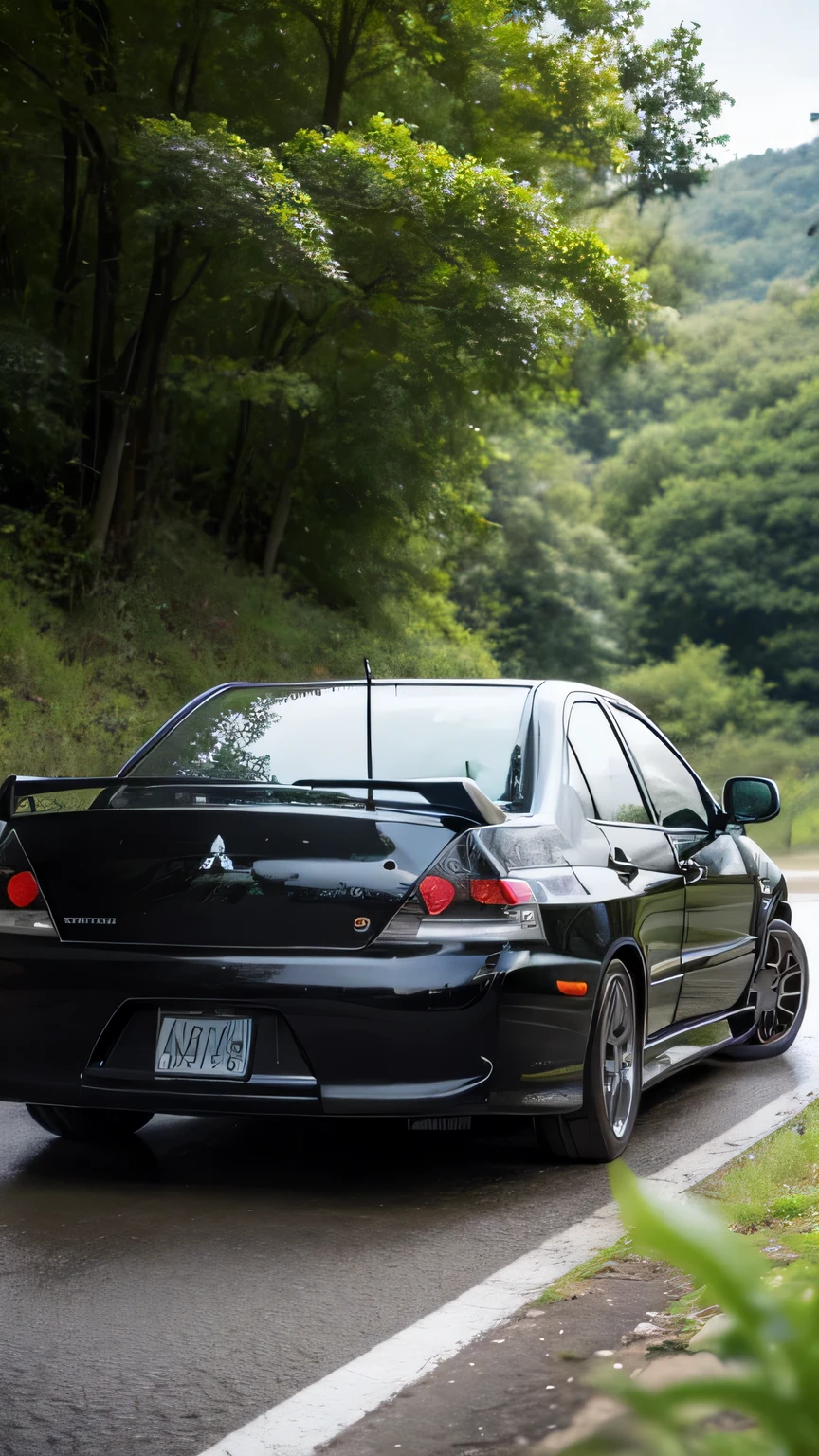 Generate a hyper-realistic and fully detailed scene featuring a modified Mitsubishi Lancer Evolution on a beautiful, wet road during a rainy day with intermittent sunshine. Emphasize the sporty elegance of the car with vivid colors, capturing a close view that showcases the modified details. Pay meticulous attention to the wet road surface, reflecting the surroundings, and include small rocks and leaves for added realism. Convey the dynamic atmosphere of the scene, blending the sleek design of the car with the natural elements of a rainy day, creating a visually striking and immersive image.