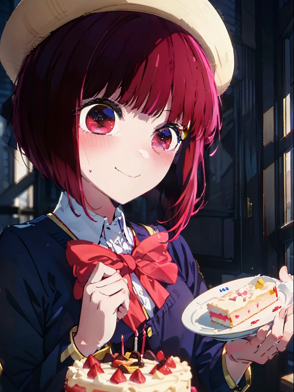 Ruby Hoshino、Good looking girl (big red eyes, blush, perfect face), independent , looking at camera, masterpiece, anime art style, cute characters, most detailed, high quality、Nico Nico Smile、birthday cake、happy birthday、wear an apron at home