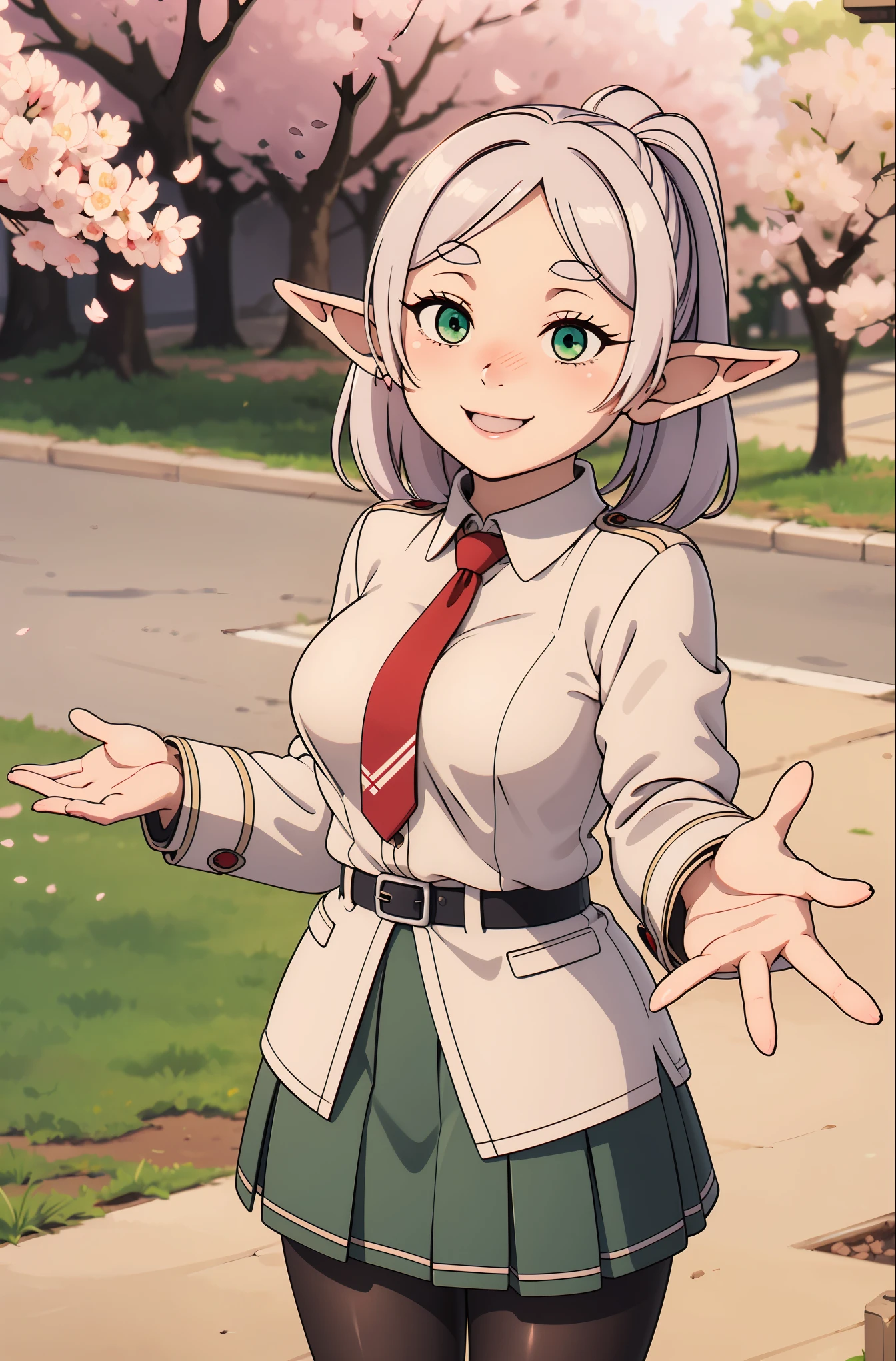 masterpiece, best quality, highres, Frieren, elf girl, blush stickers, medium breasts. school uniform, green skirt, pleated skirt, red necktie, black pantyhose, white shirt, long sleeves, grey jacket, reaching out, smile, cherry blossoms, outdoors, cowboy shot, medium breasts